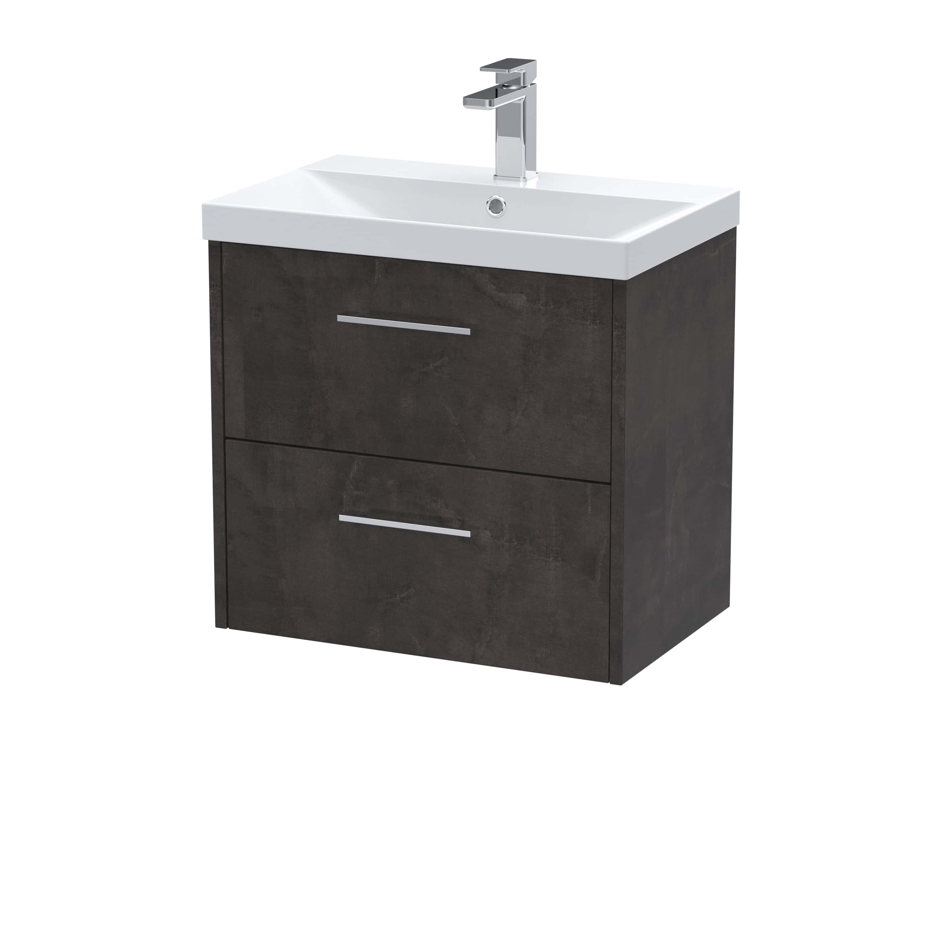 Sleek modern bathroom vanity unit with integrated sink, dark wood finish, and chrome handles, ideal for contemporary bathroom or en-suite design. Perfect for stylish bathroom storage and aesthetics.