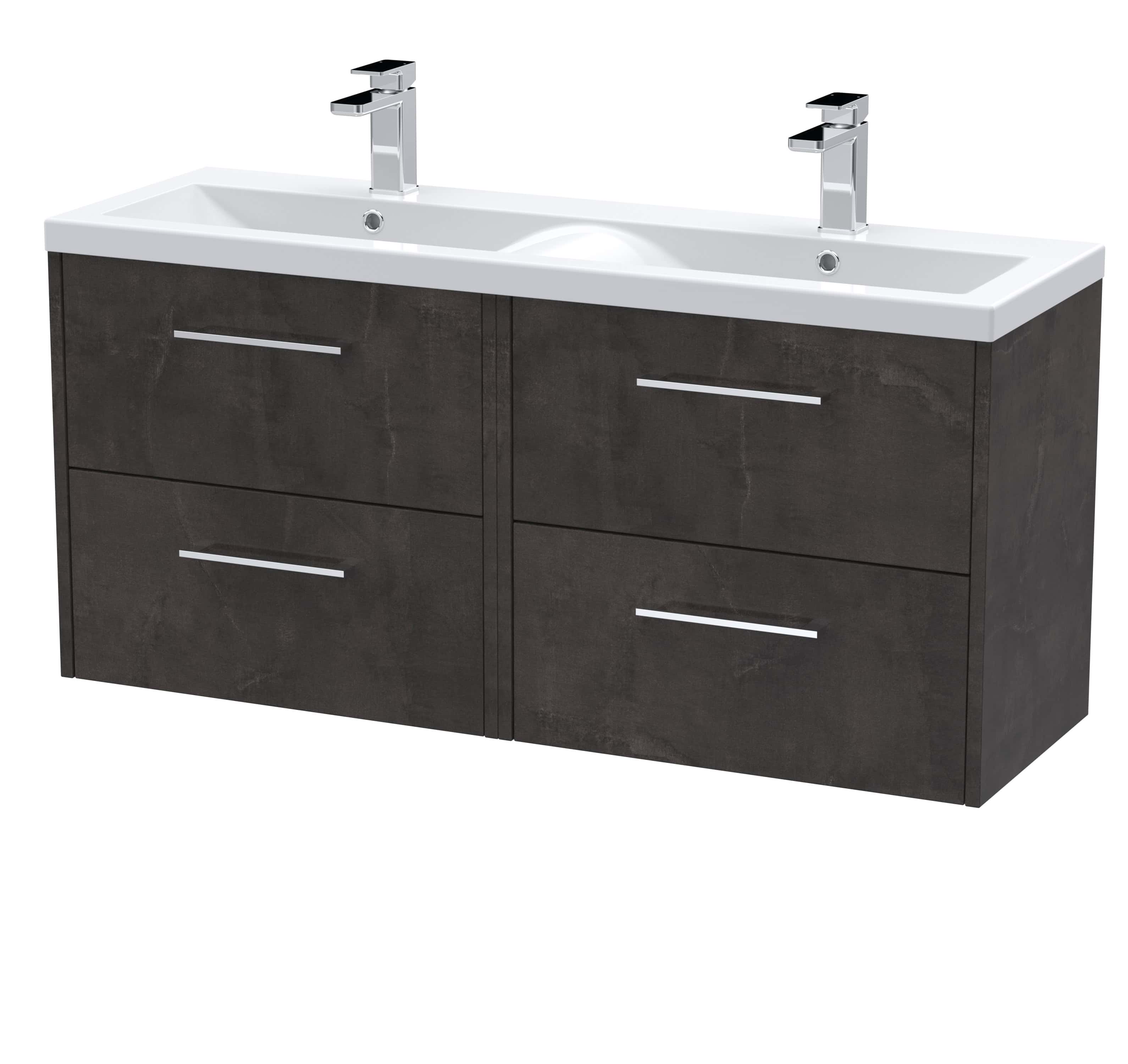 Modern double bathroom vanity unit with dark wood finish and white ceramic sinks, features sleek silver handles and chrome taps, ideal for contemporary bathroom interiors.