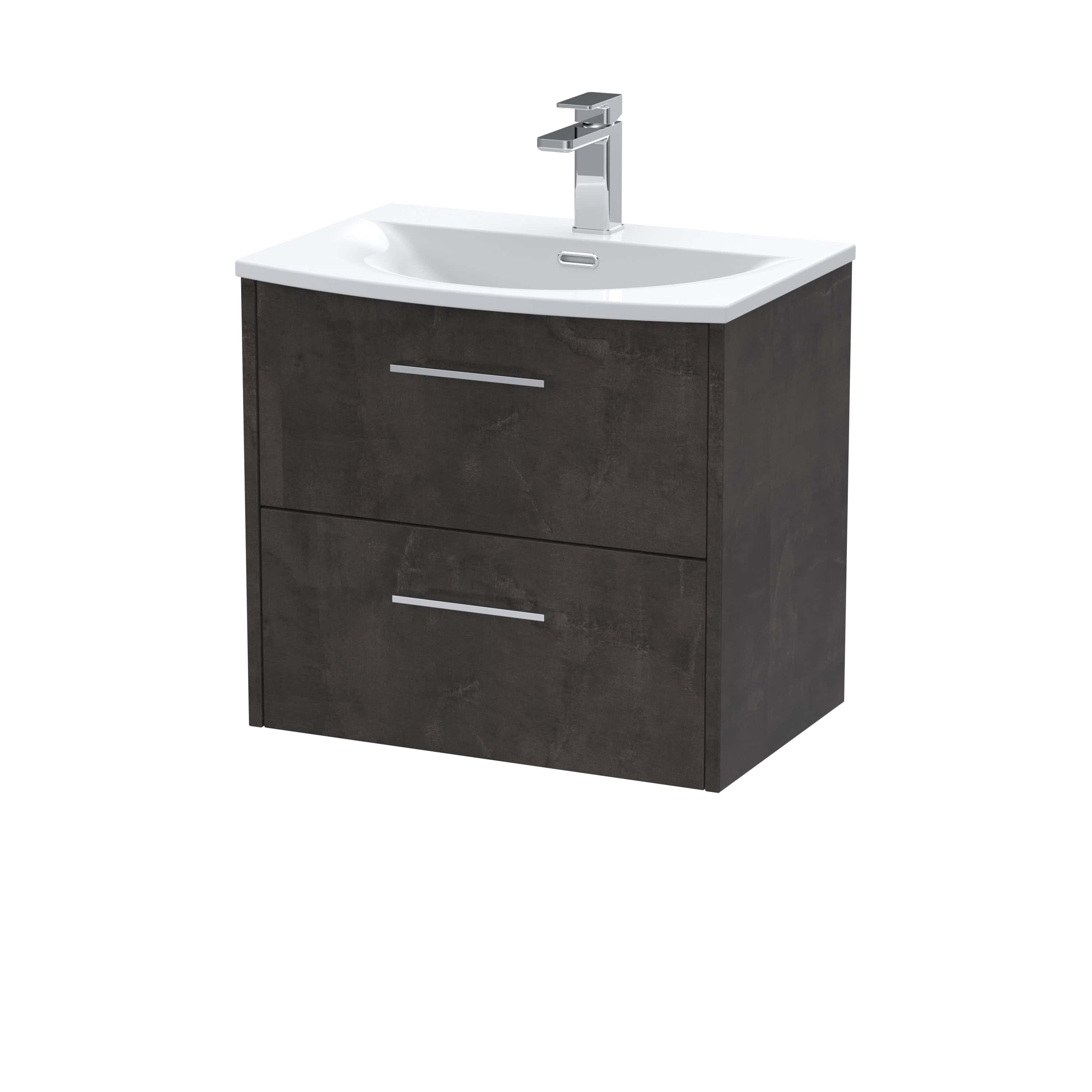 Modern bathroom vanity unit with a white ceramic sink and chrome tap, featuring dark wood finish drawers for stylish bathroom storage. Perfect for contemporary bathroom fixtures.