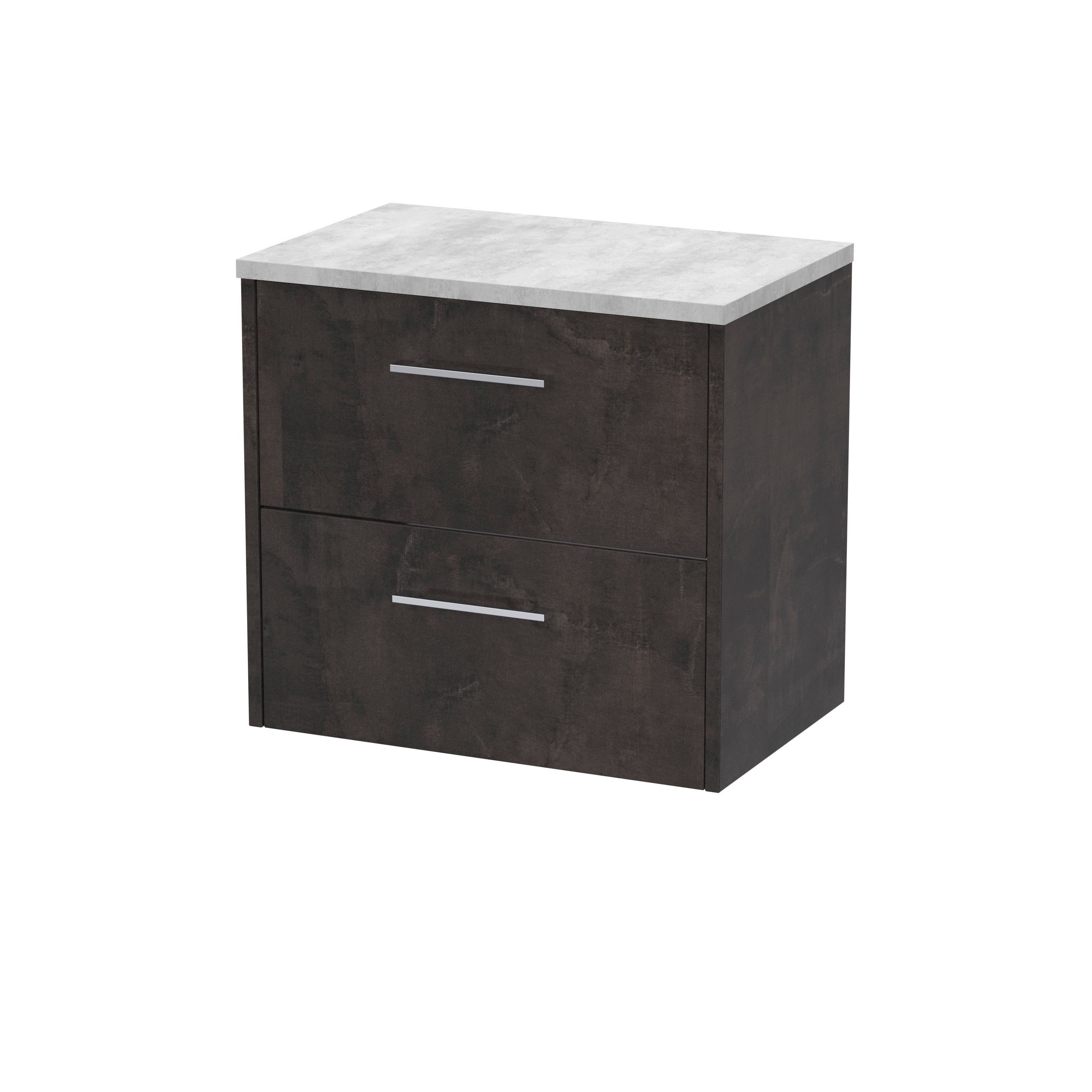 Dark wood bathroom vanity with white marble top, modern storage cabinet with two drawers, ideal for contemporary bathroom designs.