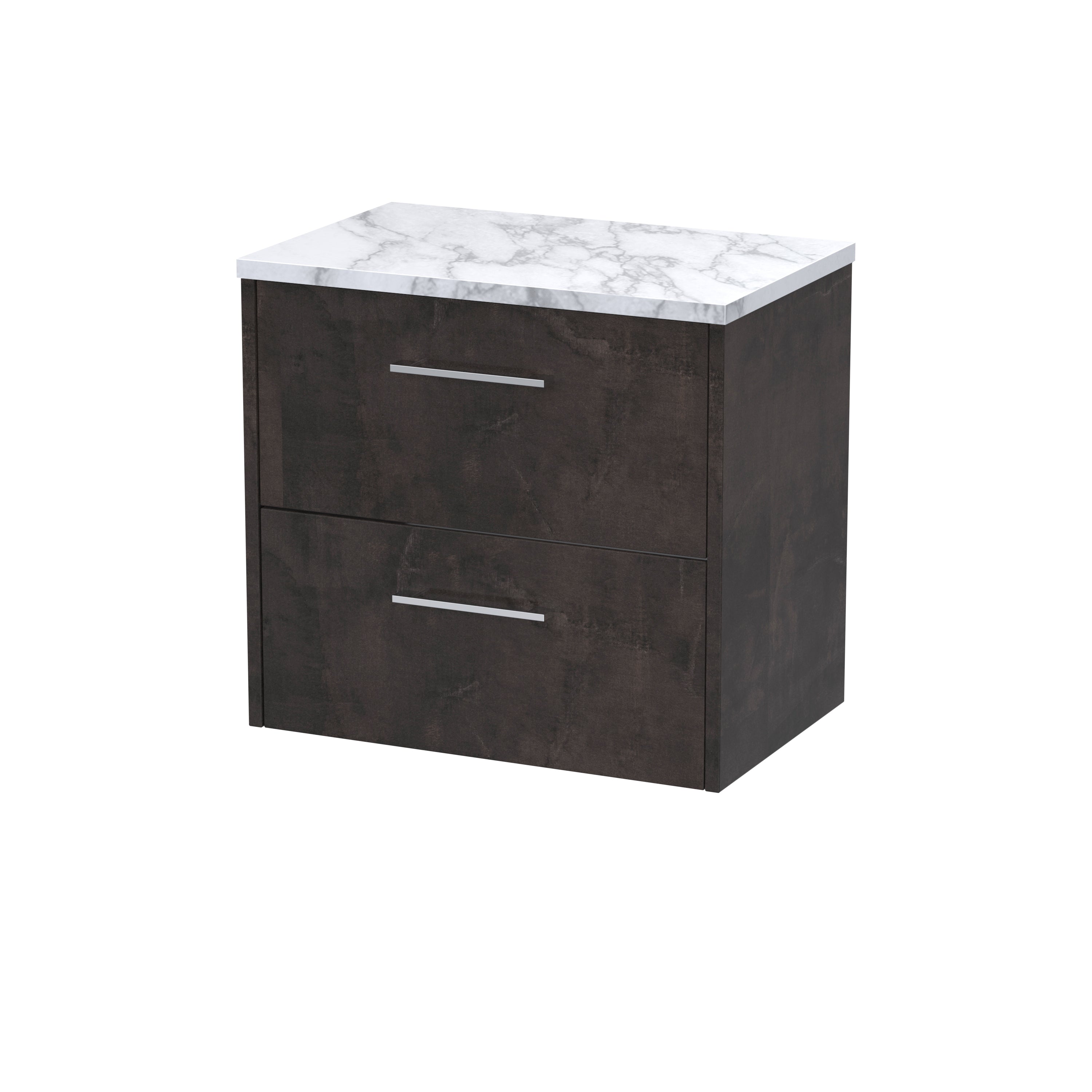 Modern dark wood bathroom vanity with sleek metal handles and a white marble top for elegant bathroom storage solutions.