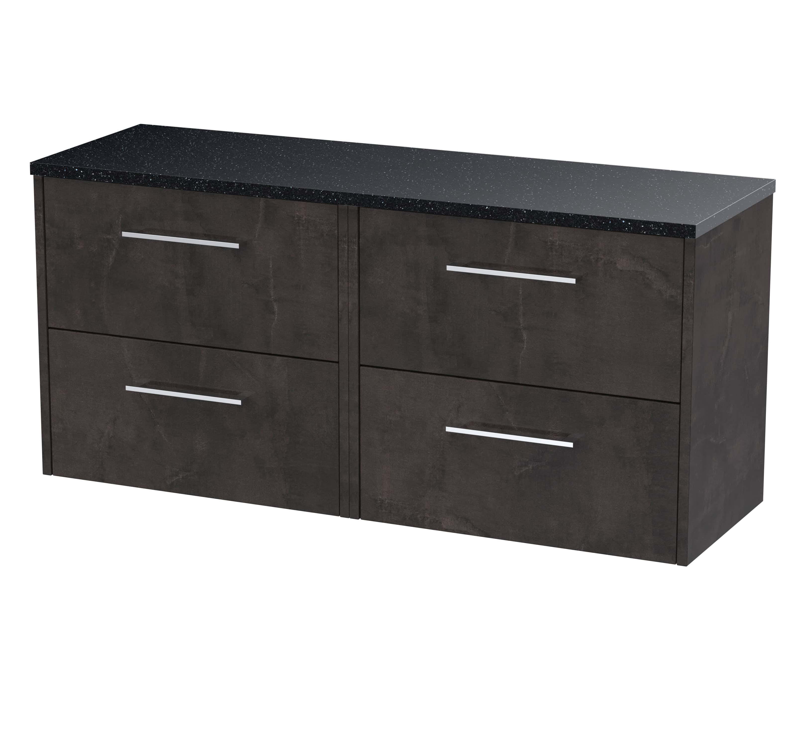 Sleek dark grey bathroom cabinet with modern handle design and a black speckled countertop, ideal for stylish storage solutions in contemporary bathrooms.