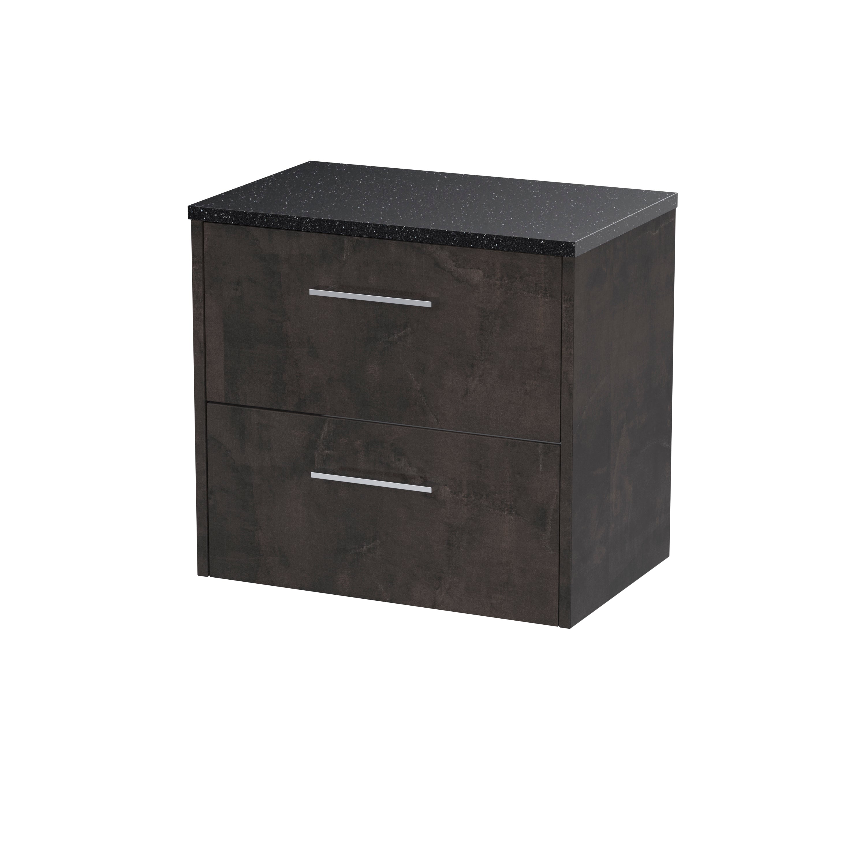 Dark wood bathroom cabinet with two drawers and black speckled countertop for modern bathroom storage solutions.