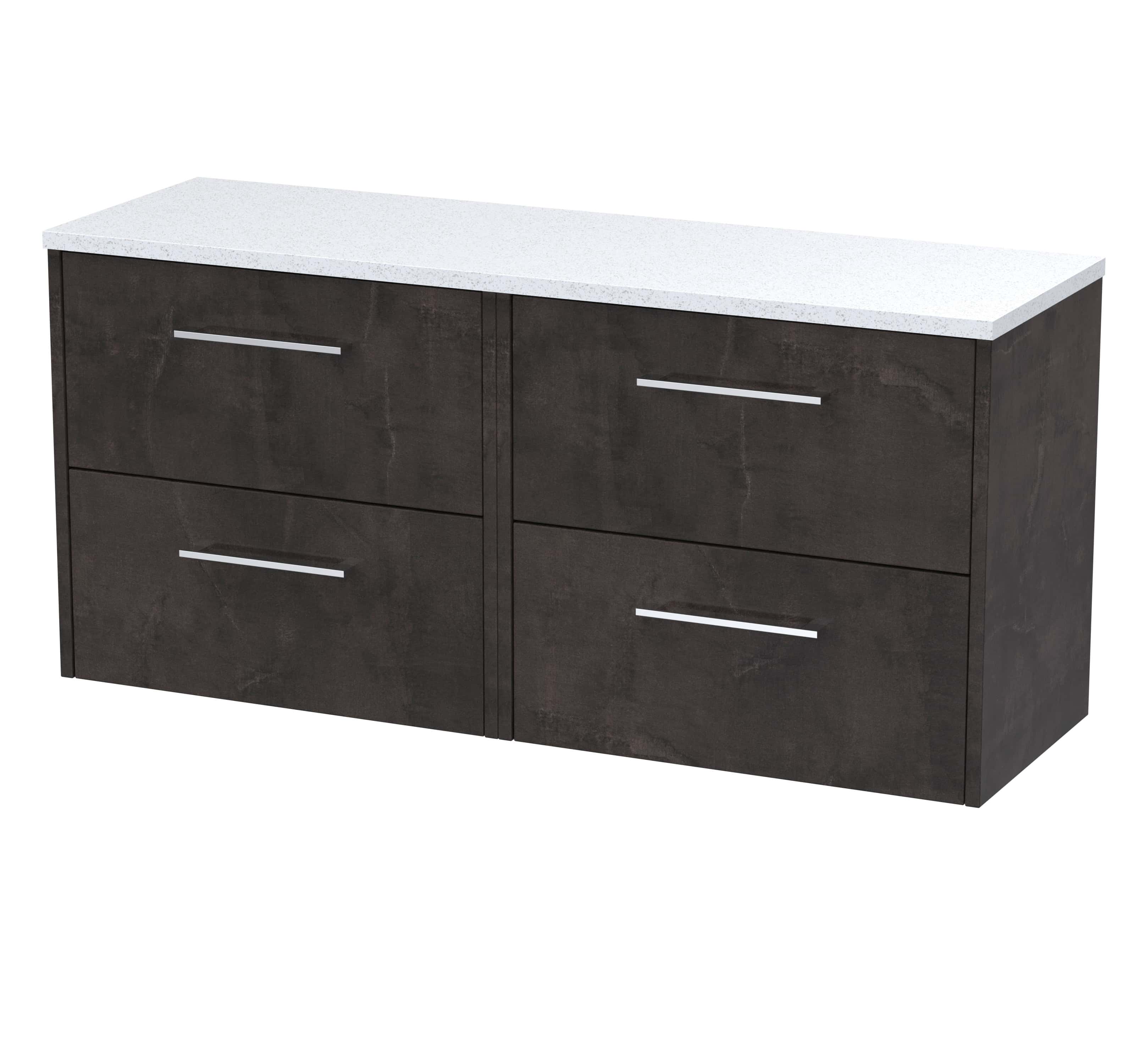 Sleek modern bathroom vanity unit with dark wood finish and white speckled top, ideal for contemporary bathroom decor.