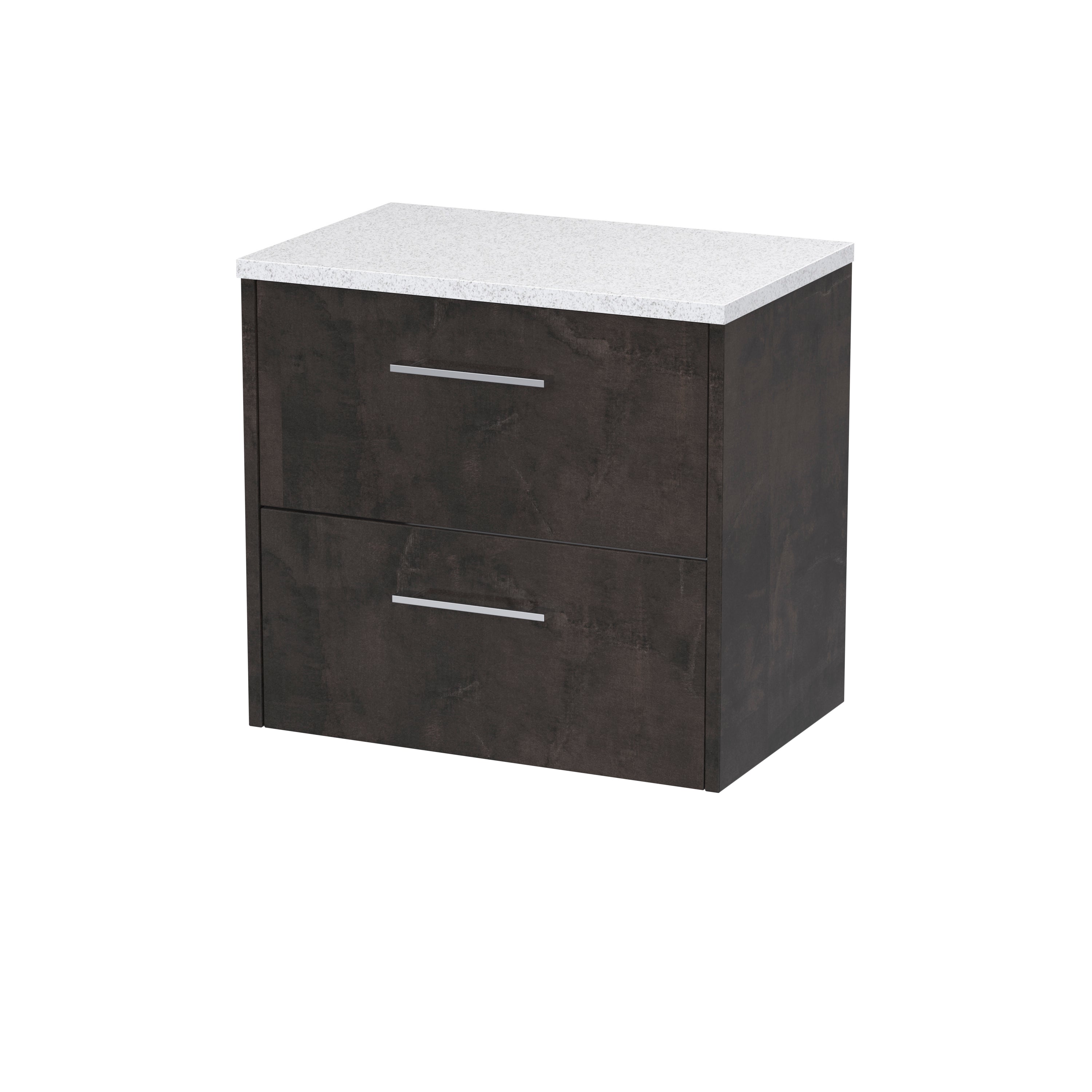 Modern bathroom vanity unit with dark wood finish and white speckled countertop, featuring two spacious drawers with sleek metal handles, ideal for contemporary bathroom storage.