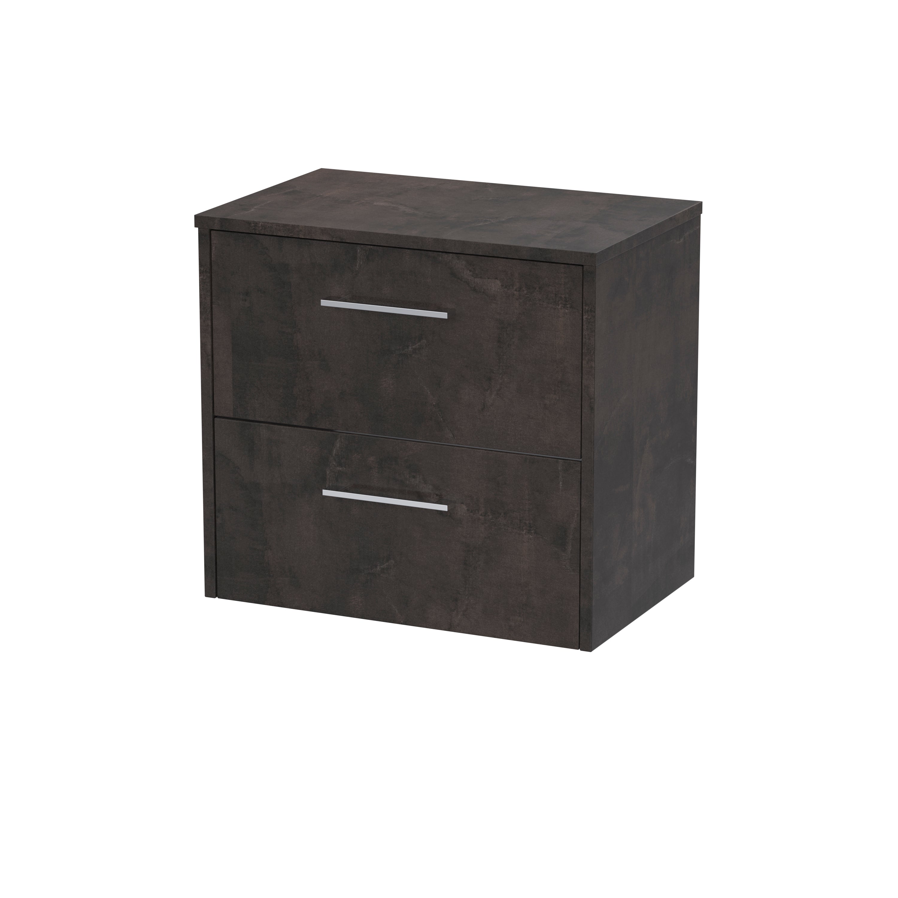 Modern dark wood bathroom vanity cabinet with two drawers and sleek silver handles, ideal for contemporary bathroom renovation projects.