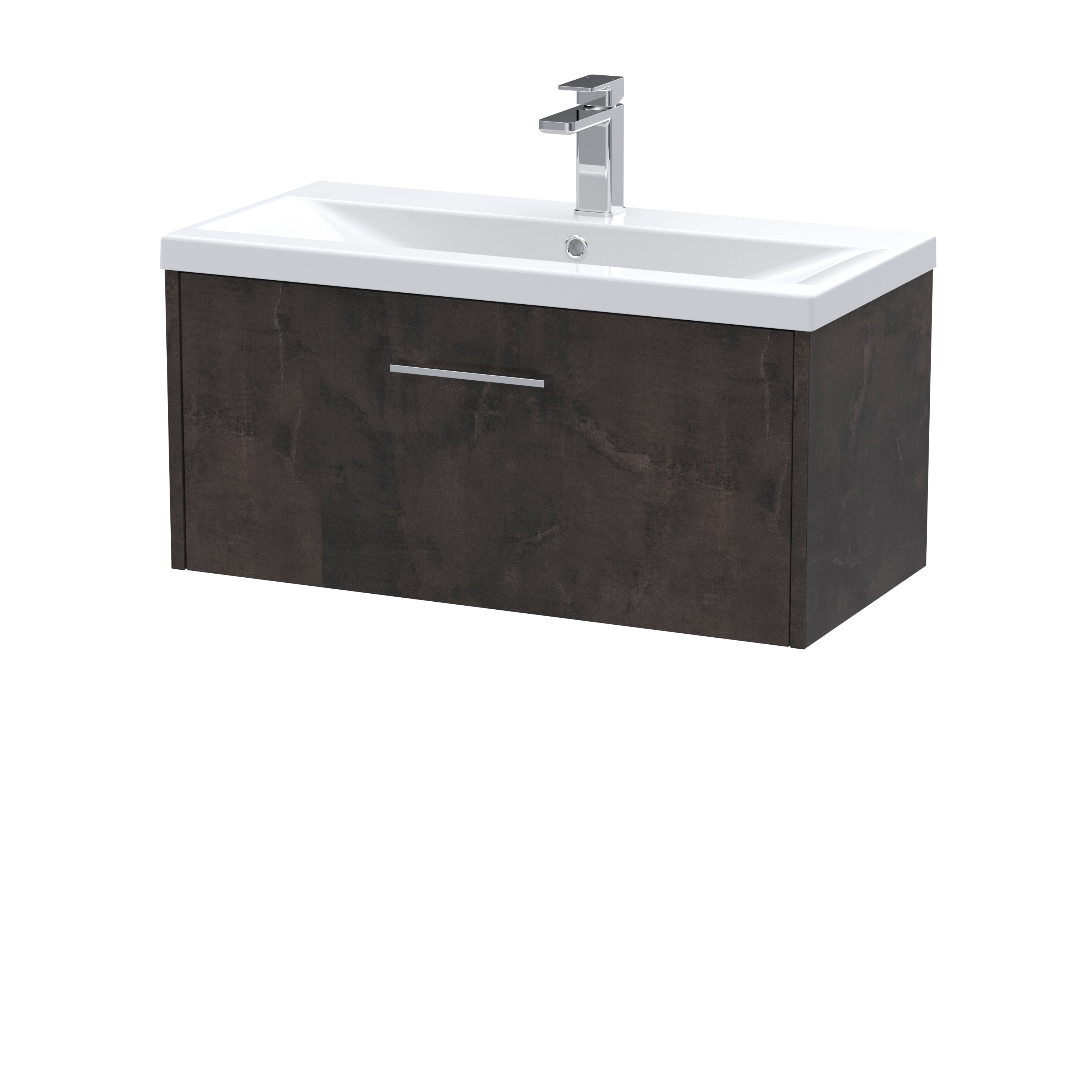 Sleek bathroom vanity with a white ceramic sink, dark wood finish cabinet, and modern chrome tap, perfect for contemporary bathroom renovation and storage solutions.