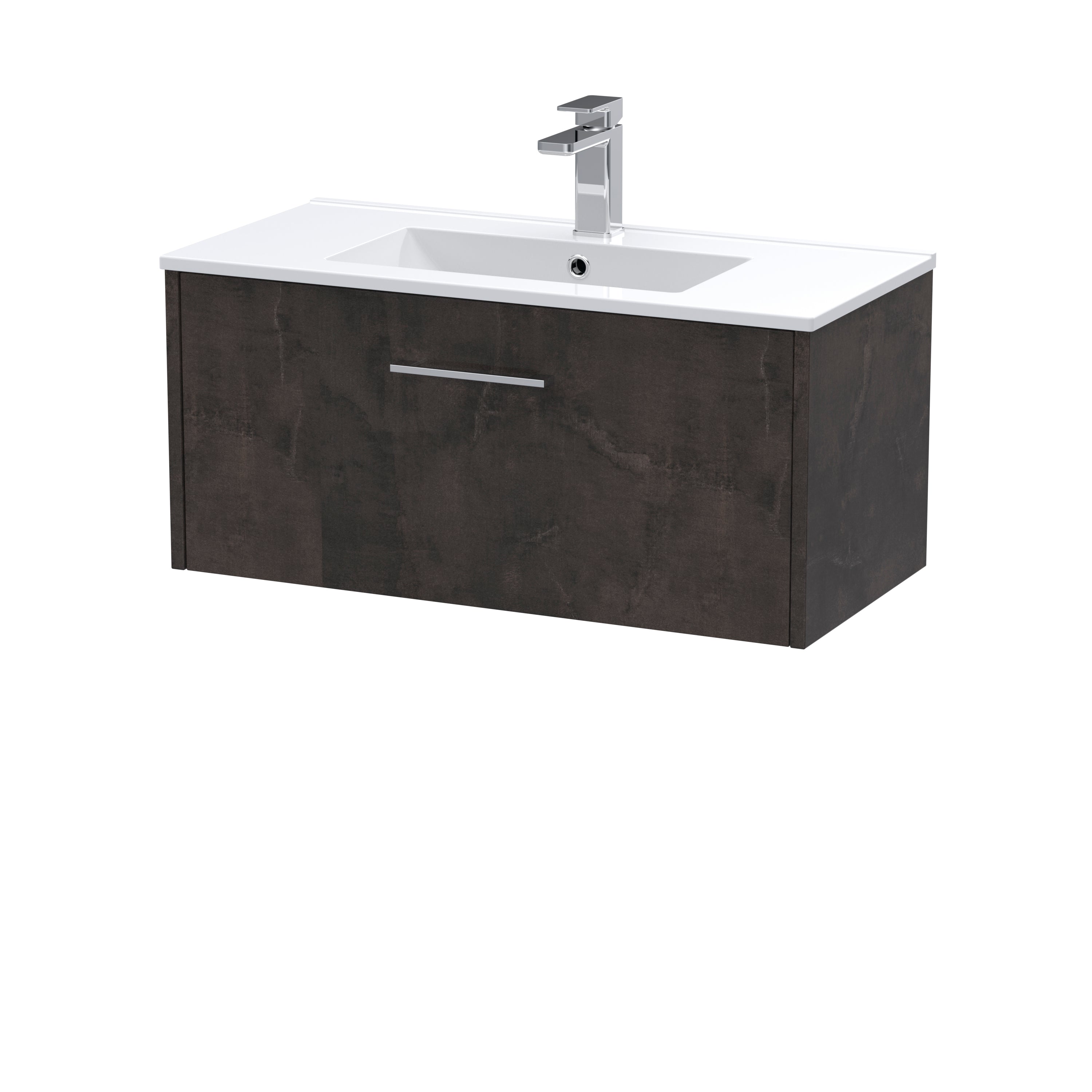 Sleek modern bathroom vanity with a dark wood finish, integrated white ceramic sink, and chrome tap for bathroom renovation or upgrade.