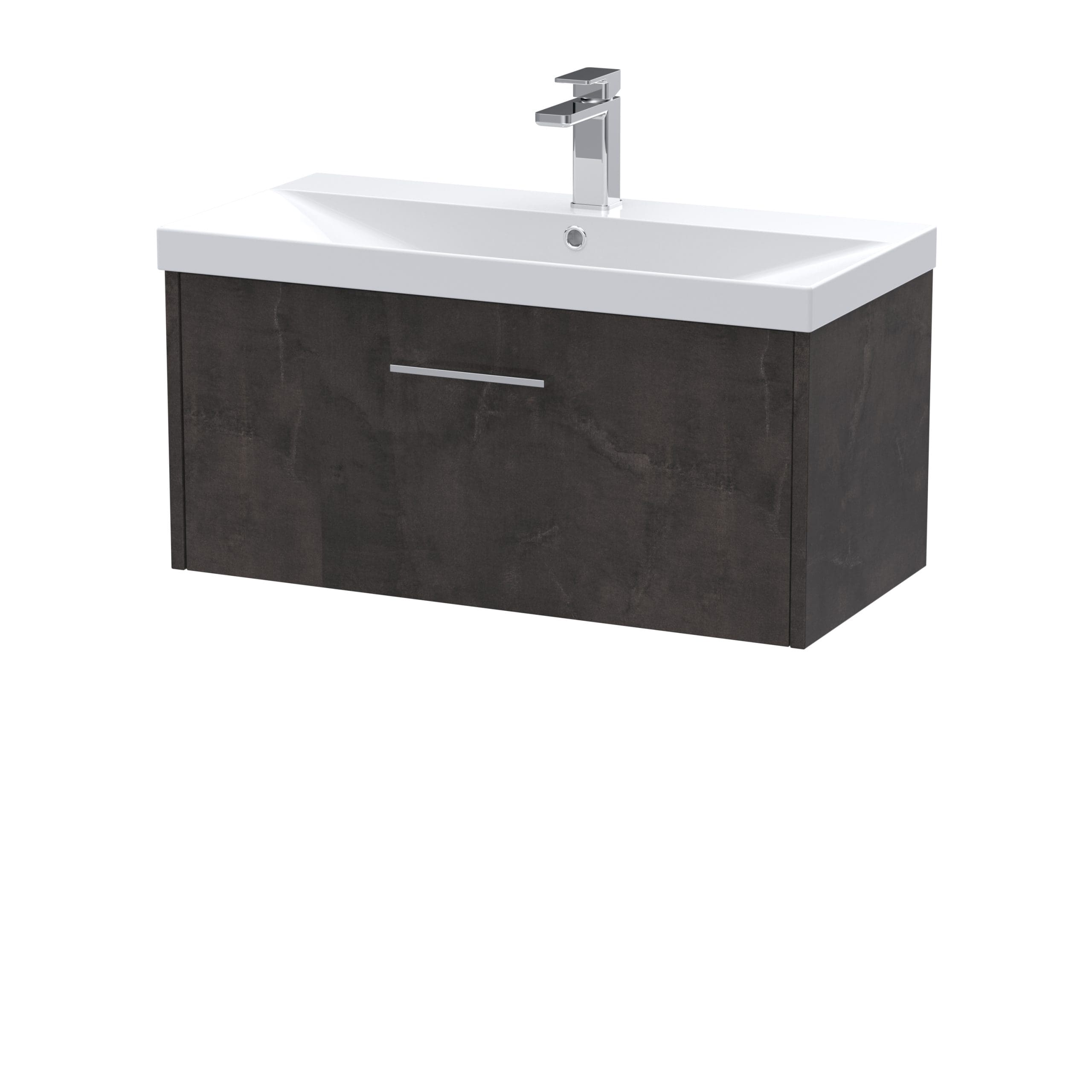 Modern bathroom sink vanity with a sleek black wood finish and a durable white ceramic countertop, featuring integrated plumbing and storage space, perfect for contemporary bathroom designs.