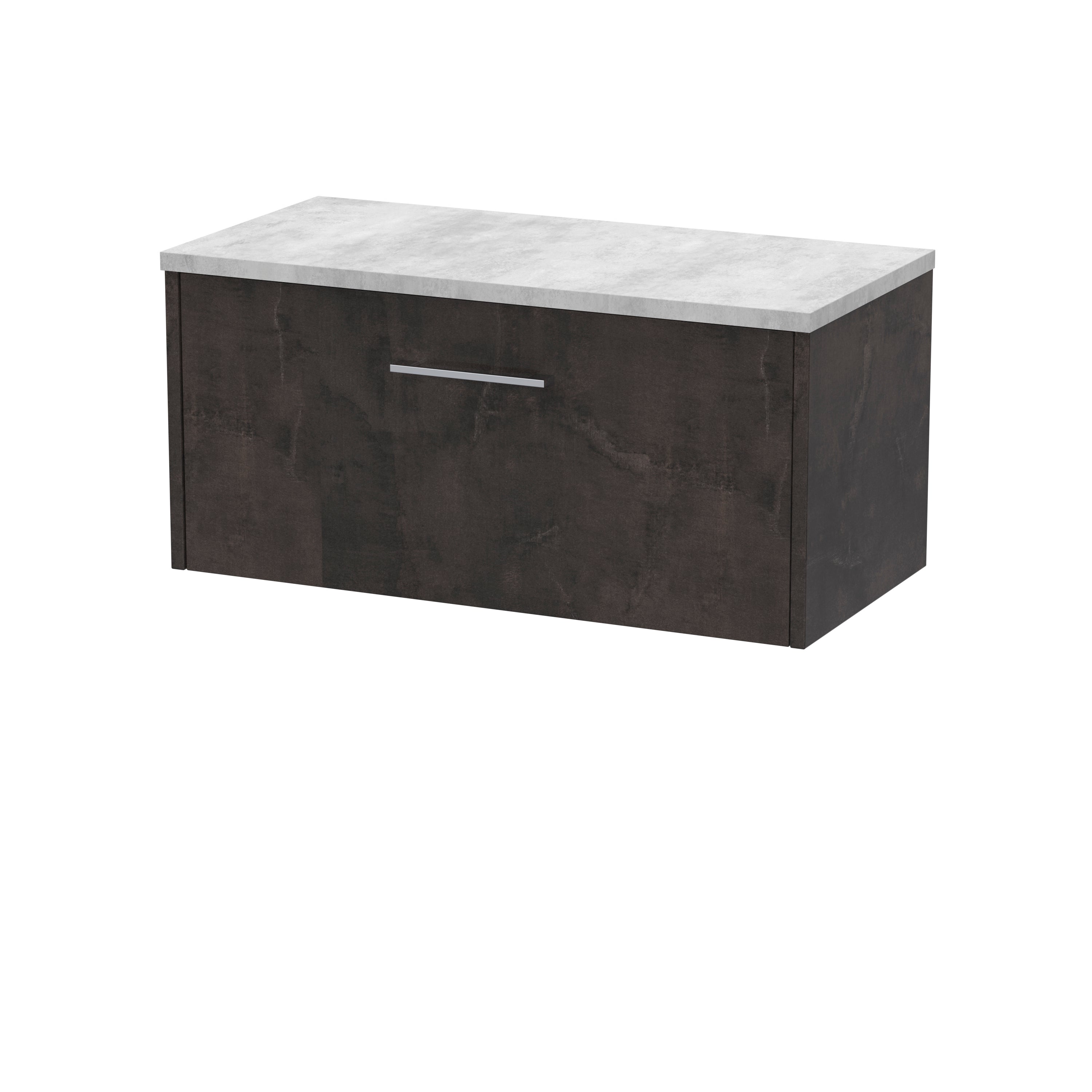 Modern bathroom vanity unit with a dark wood finish and a light grey marble-effect top, ideal for contemporary bathroom storage solutions.