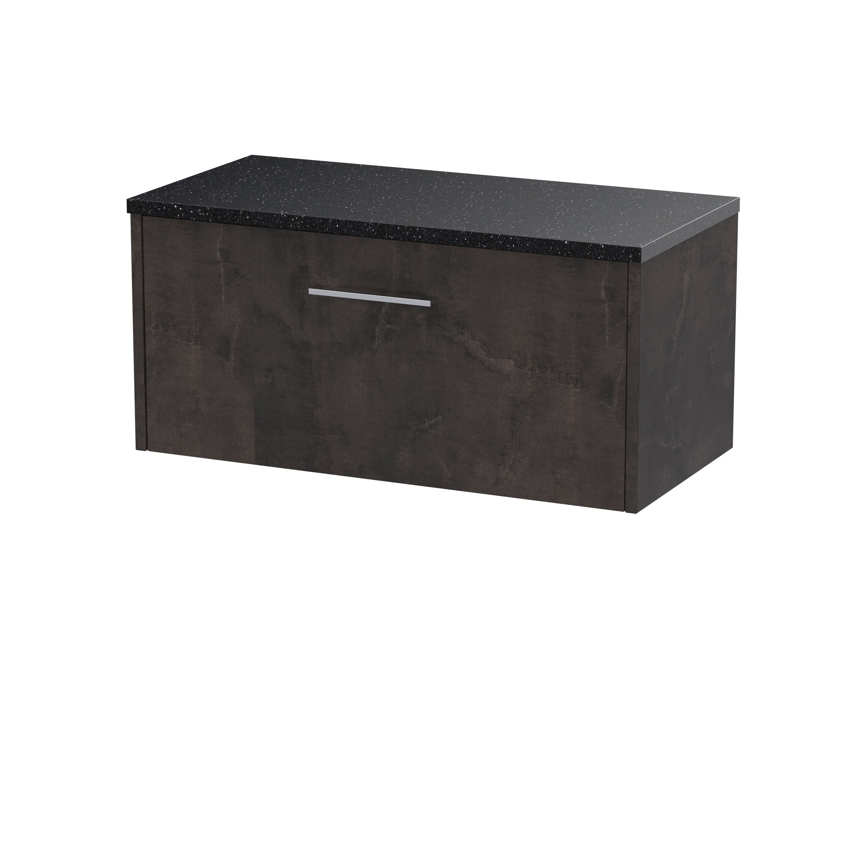 Contemporary dark wood bathroom vanity cabinet with black speckled granite top, stylish and functional storage solution for modern bathrooms.