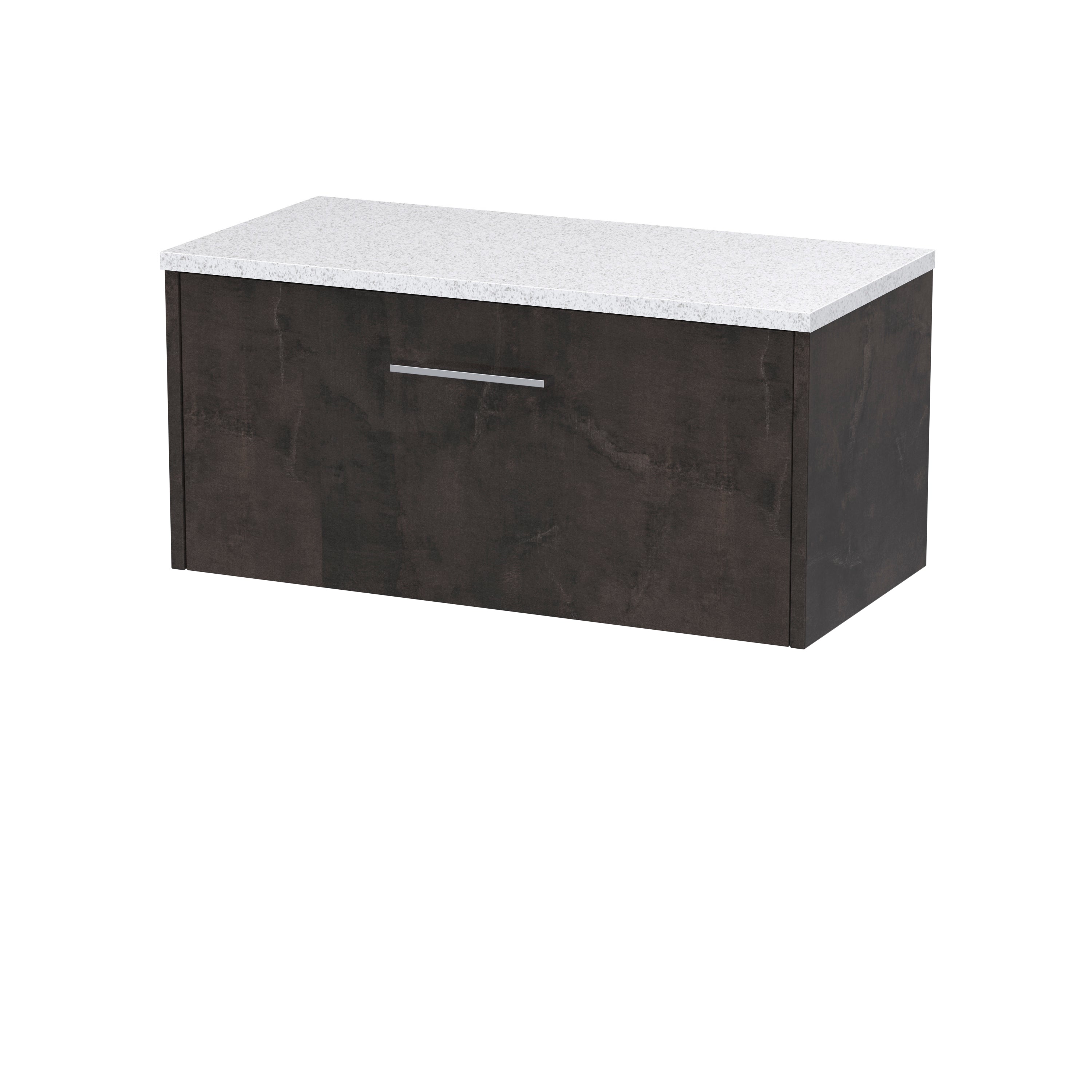 Modern bathroom vanity with dark wood finish and white speckled countertop for stylish bathroom storage solutions.