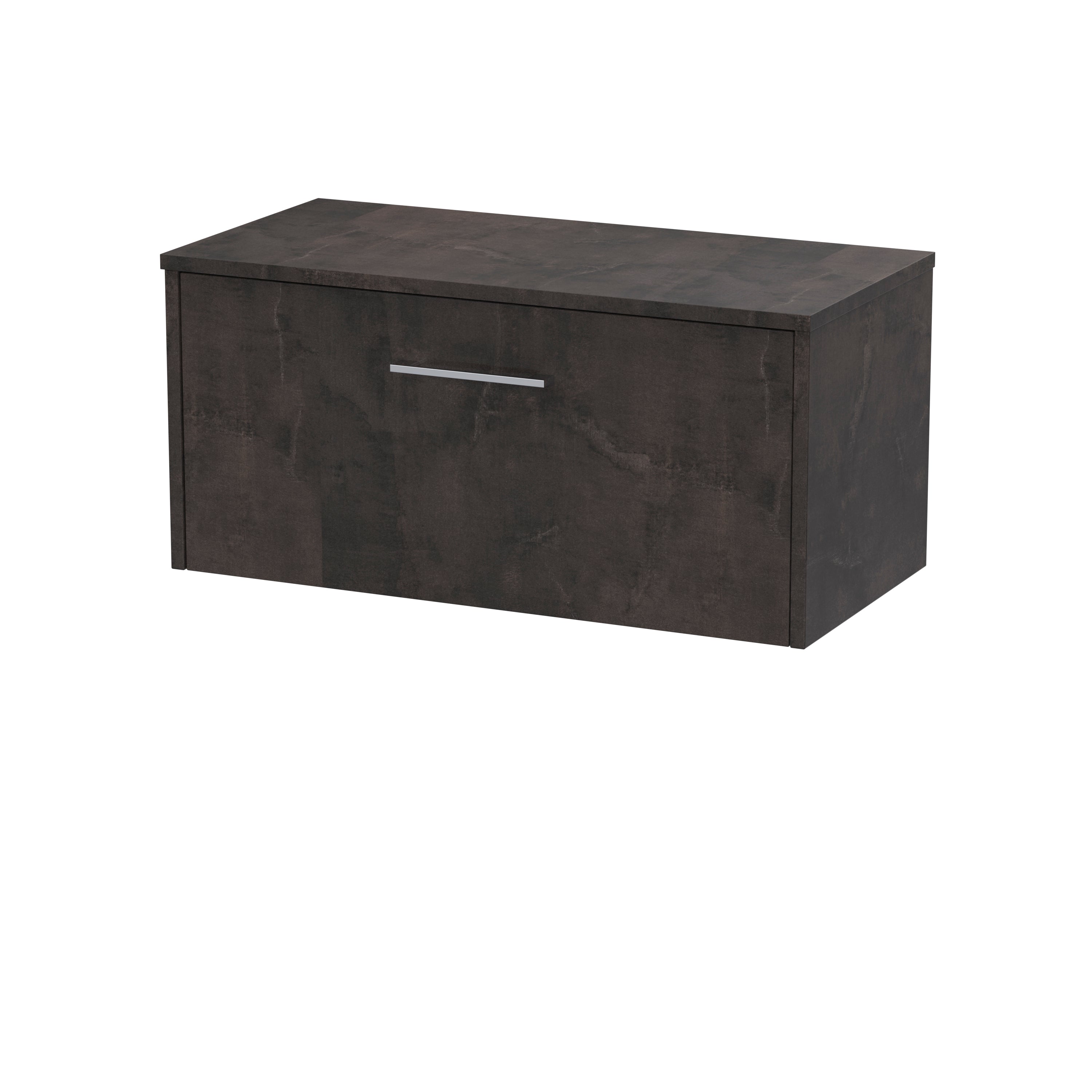 Dark grey bathroom storage cabinet with sleek metal handle, modern design, perfect for contemporary bathrooms, durable finish, and spacious interior for toiletries.