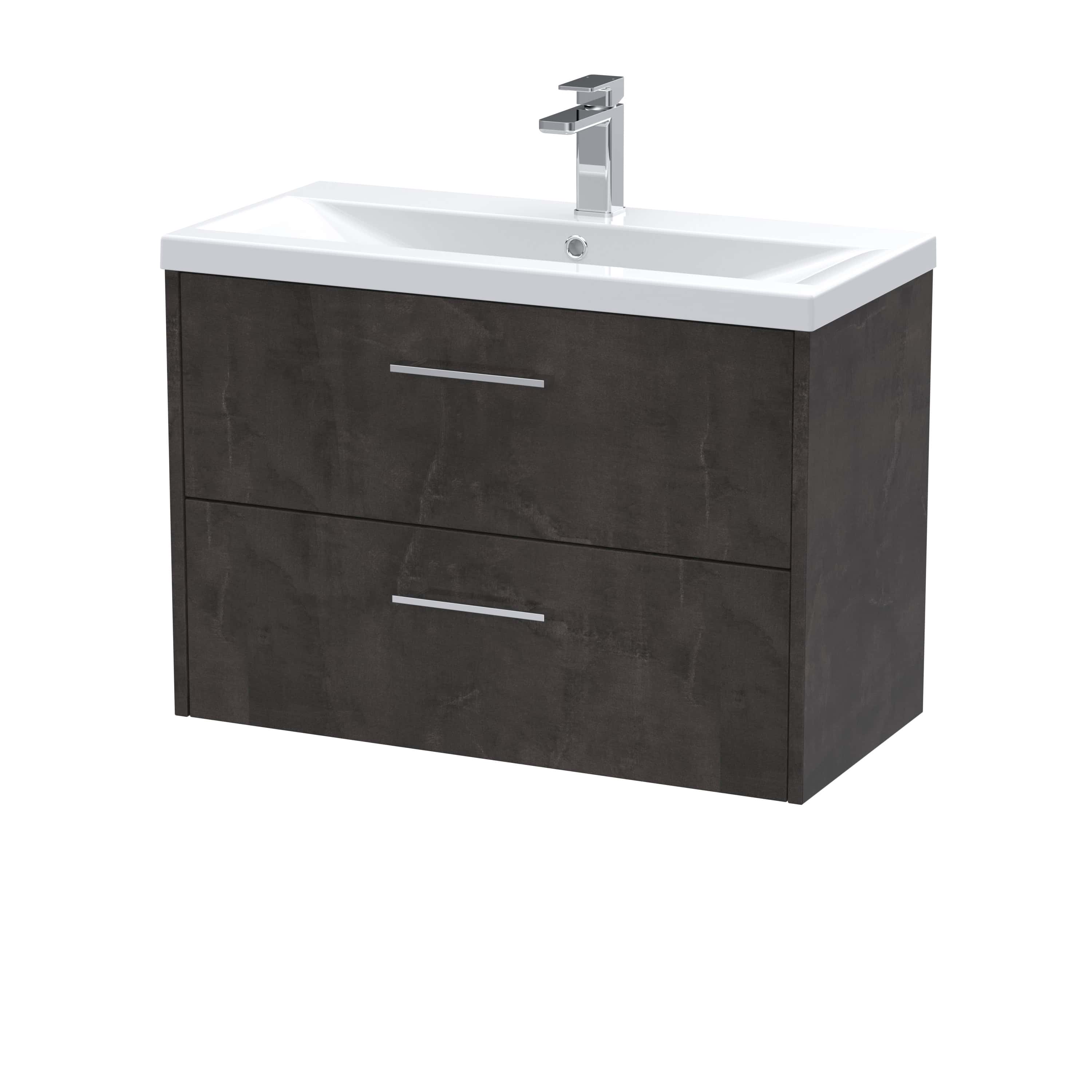 Sleek modern bathroom vanity with a dark wood finish, integrated basin, and contemporary chrome tap, perfect for stylish bathroom renovations and upgrades.