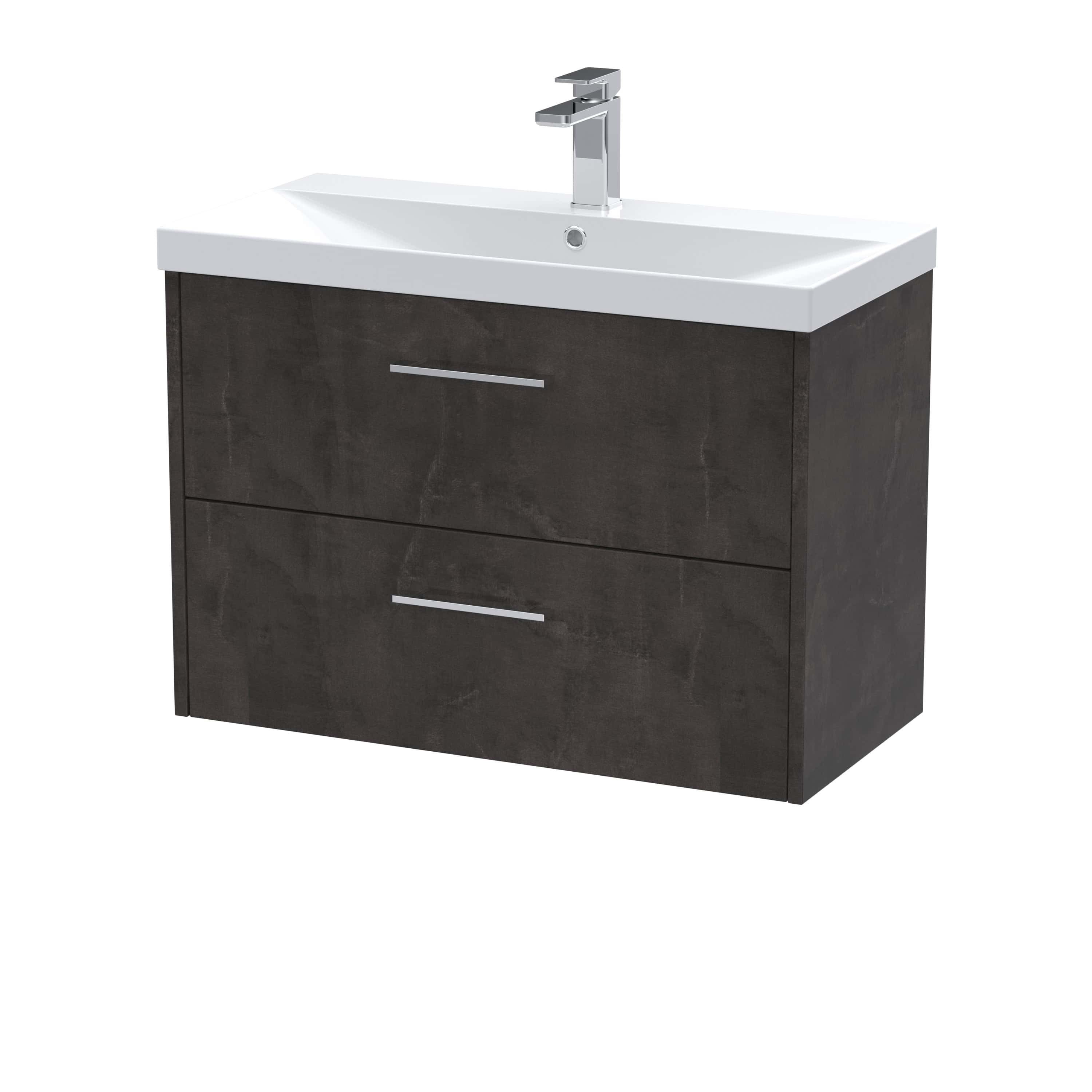 Sleek modern bathroom vanity with integrated sink and dark wood finish, perfect for contemporary bathroom designs and stylish storage solutions.