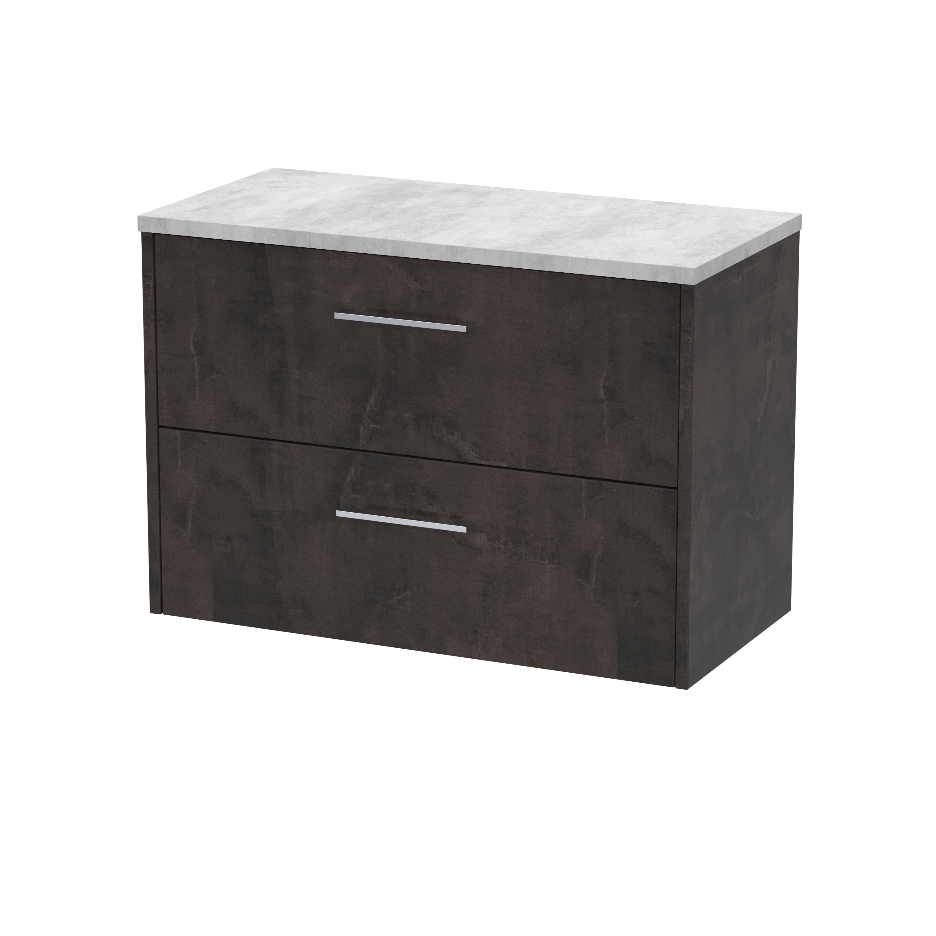 Modern black bathroom vanity with a white marble top, sleek silver handles, and spacious drawers, perfect for contemporary bathroom storage solutions.