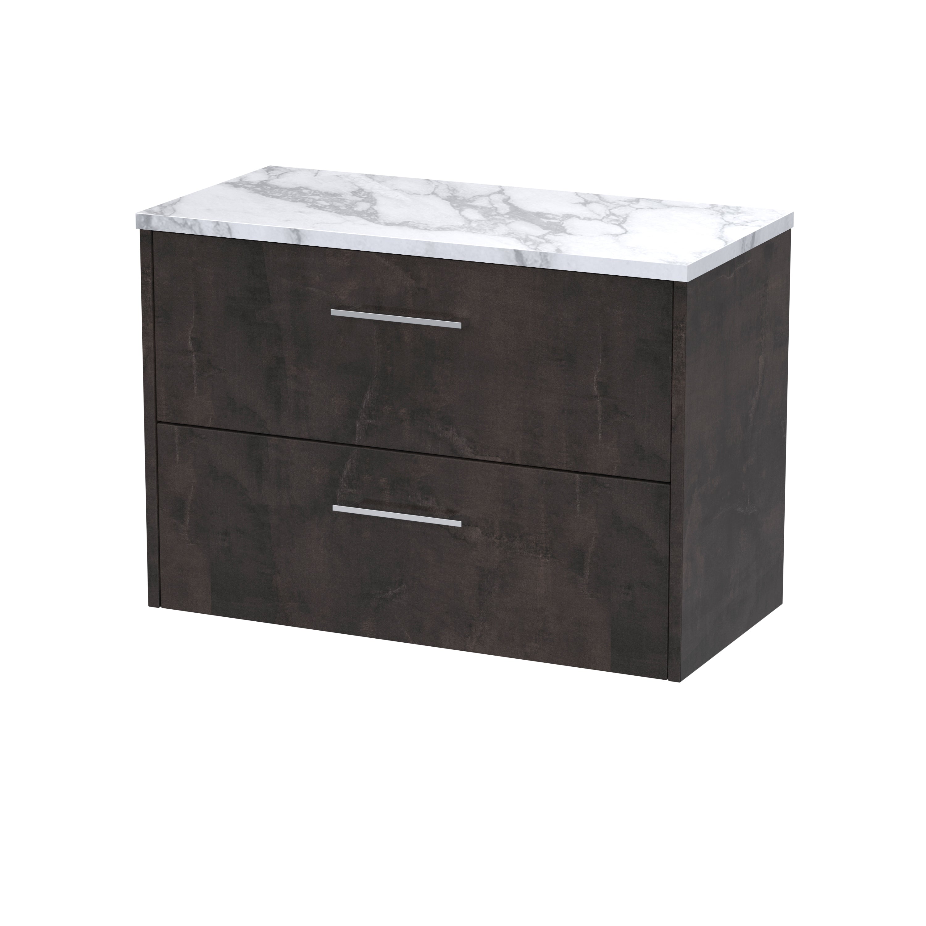 Modern bathroom vanity unit with dark wood finish and white marble top, ideal for contemporary bathroom storage solutions.