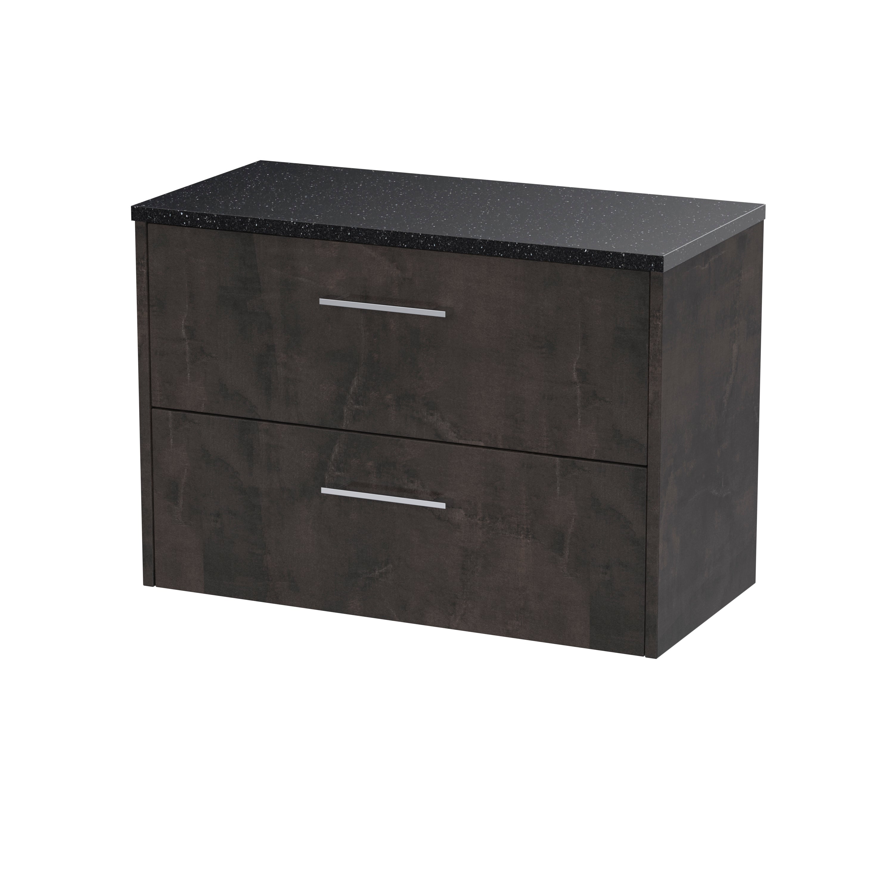 Sleek dark wood bathroom vanity with black speckled granite countertop and modern silver handles, perfect for contemporary bathroom storage solutions.