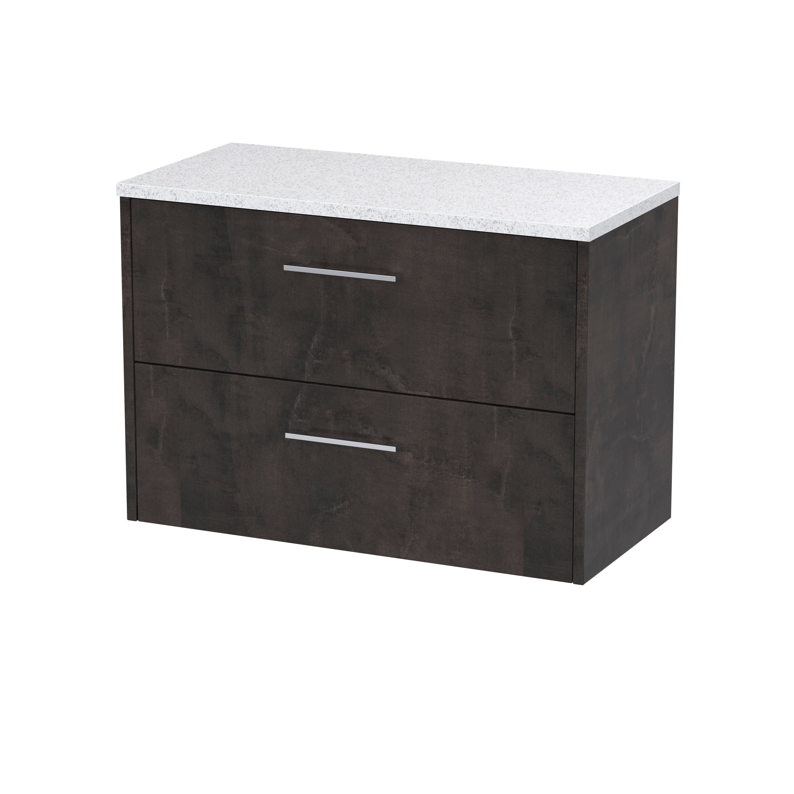 Sleek modern bathroom vanity unit with dark wood finish and white speckled countertop, ideal for contemporary bathroom design and storage solutions.