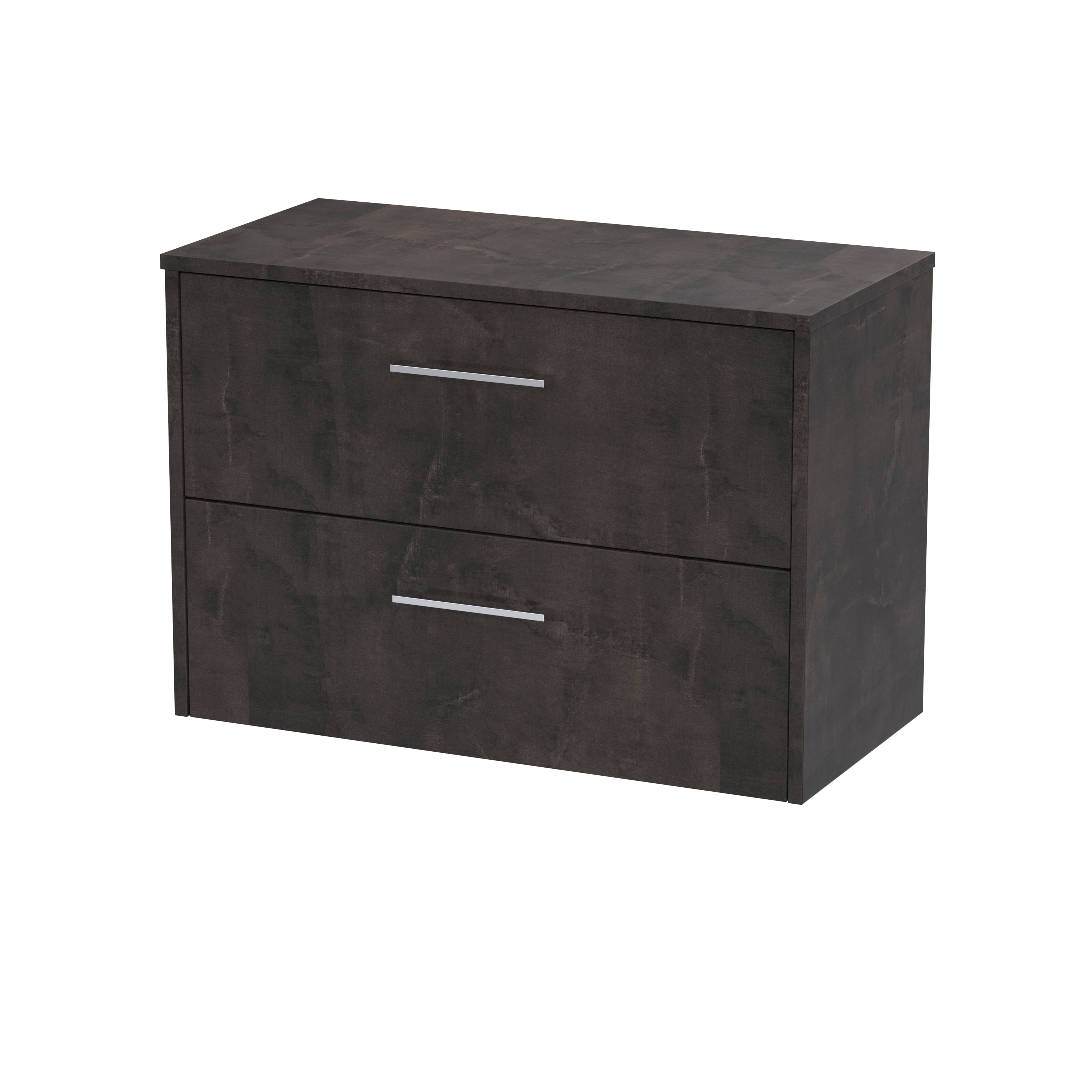 Sleek dark wood bathroom storage cabinet with two drawers and modern silver handles, ideal for organising toiletries and accessories in contemporary bathrooms.