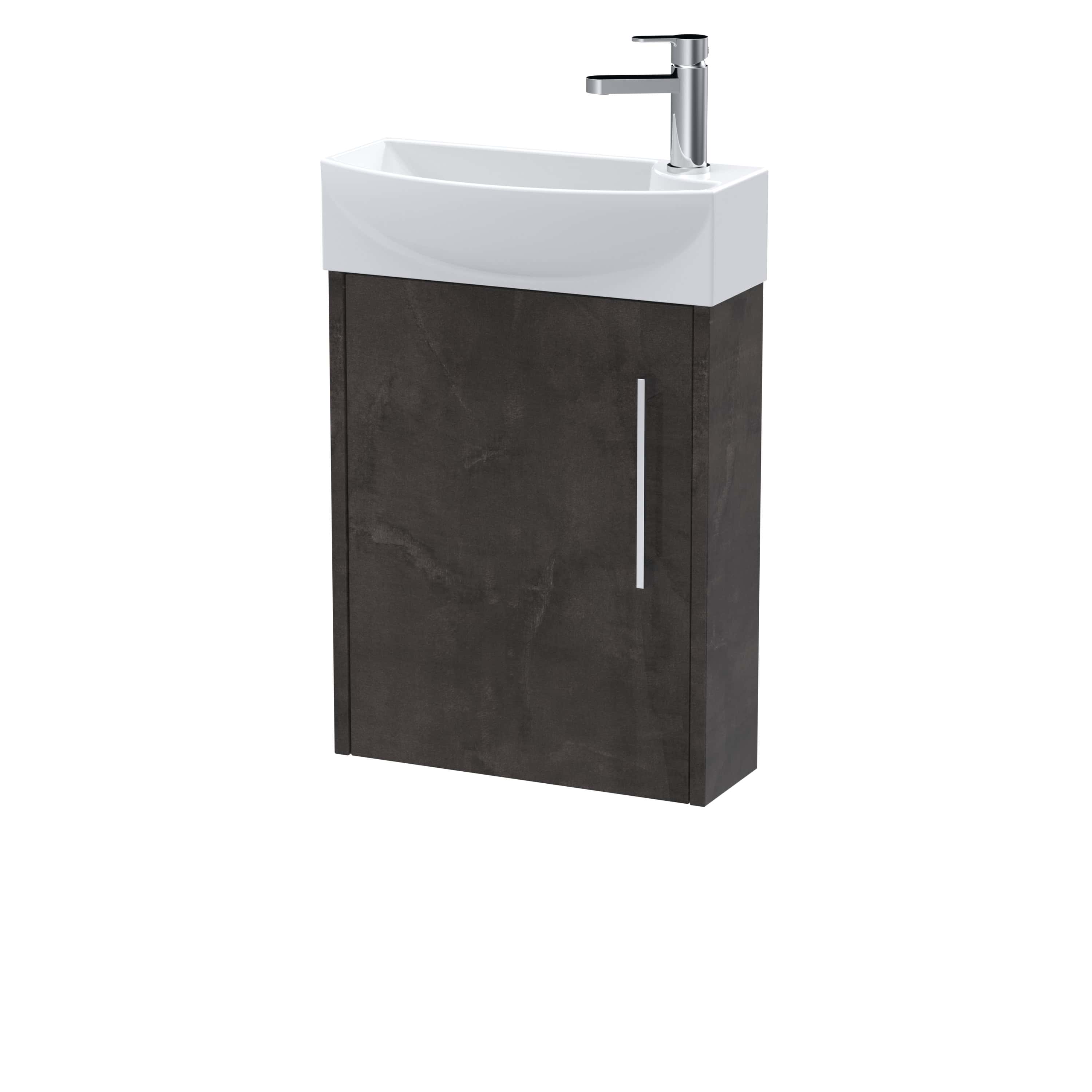Sleek bathroom vanity with integrated sink and modern chrome tap, ideal for contemporary bathrooms. Dark wood finish cabinet with vertical handle provides stylish storage space.