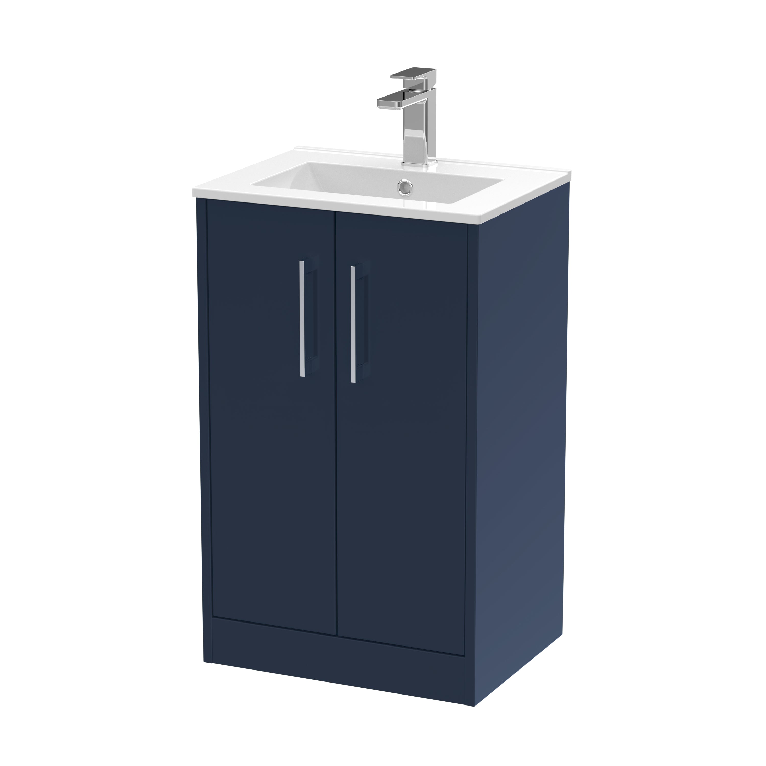 Modern navy bathroom vanity with white countertop and sleek chrome handles, designed for contemporary bathroom upgrades. Perfect for efficient storage and stylish bathroom interiors.