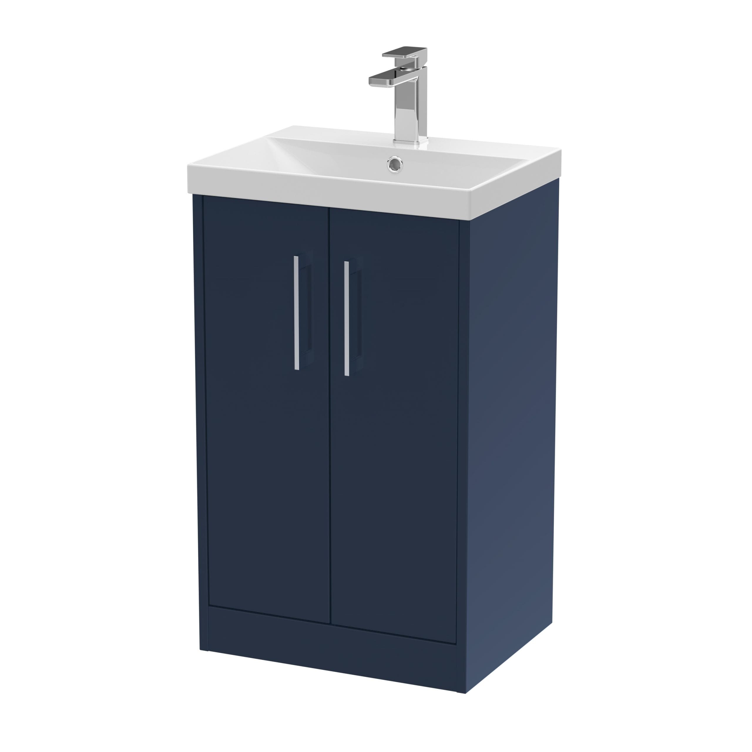Contemporary bathroom vanity unit with sink and chrome tap, suitable for modern bathrooms, available at Bubly Bathrooms UK.