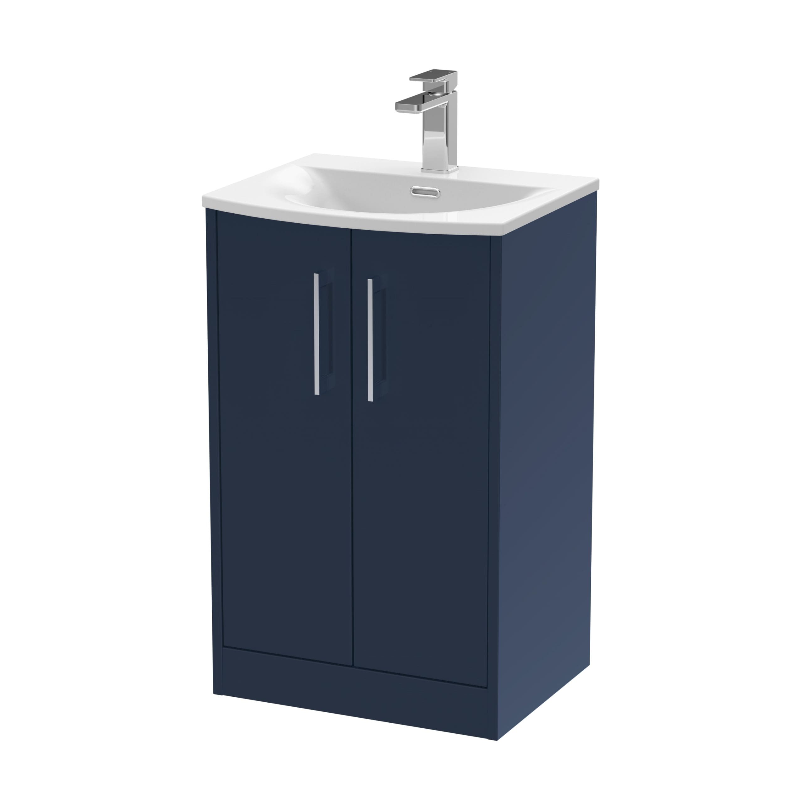 Blue bathroom vanity unit with integrated sink and modern chrome tap, ideal for contemporary bathroom renovation projects.
