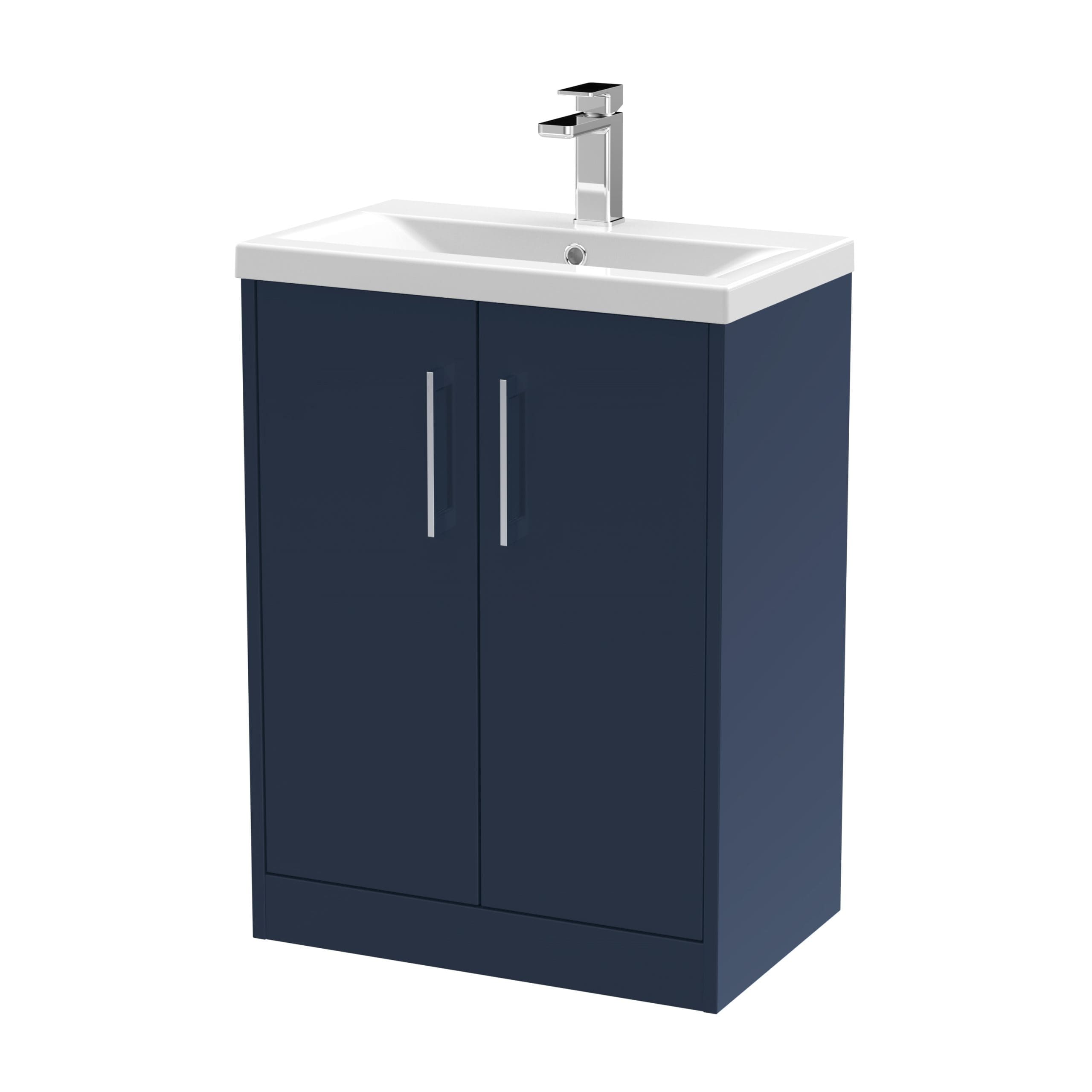 Modern bathroom vanity with navy blue cabinet and white ceramic sink, featuring a sleek chrome faucet and double-door storage for bathroom essentials. Perfect for contemporary bathroom interiors.