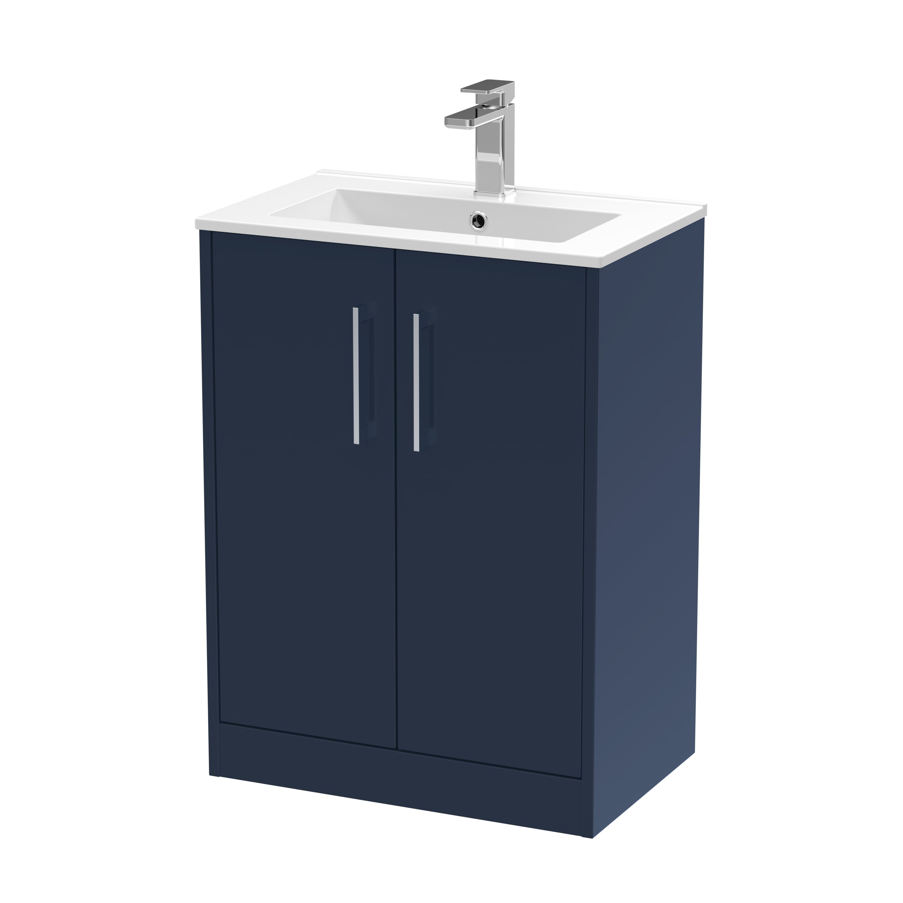 Modern blue bathroom vanity with integrated sink and chrome faucet, perfect for contemporary bathroom designs. Durable and sleek, offering stylish storage solutions for bathroom essentials.