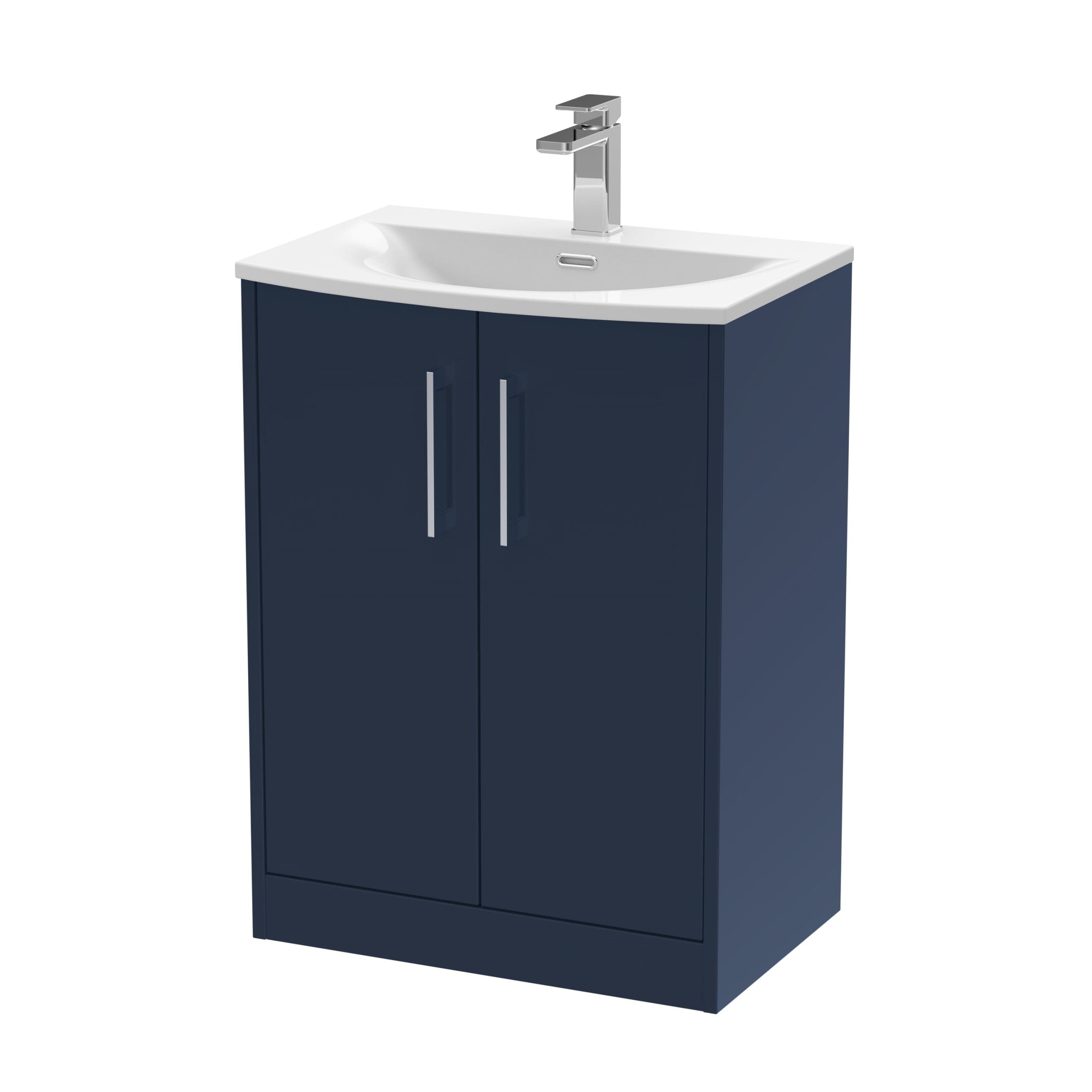Modern navy bathroom vanity with ceramic sink and chrome faucet, ideal for contemporary bathroom designs and storage solutions.