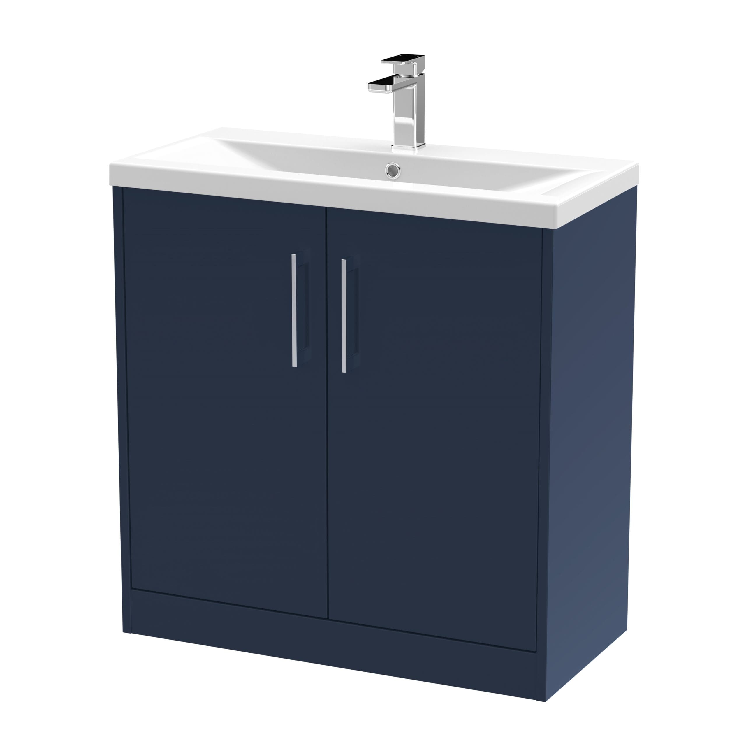 Modern navy bathroom vanity unit with a white ceramic sink and brushed metal handles, ideal for stylish bathroom interiors.