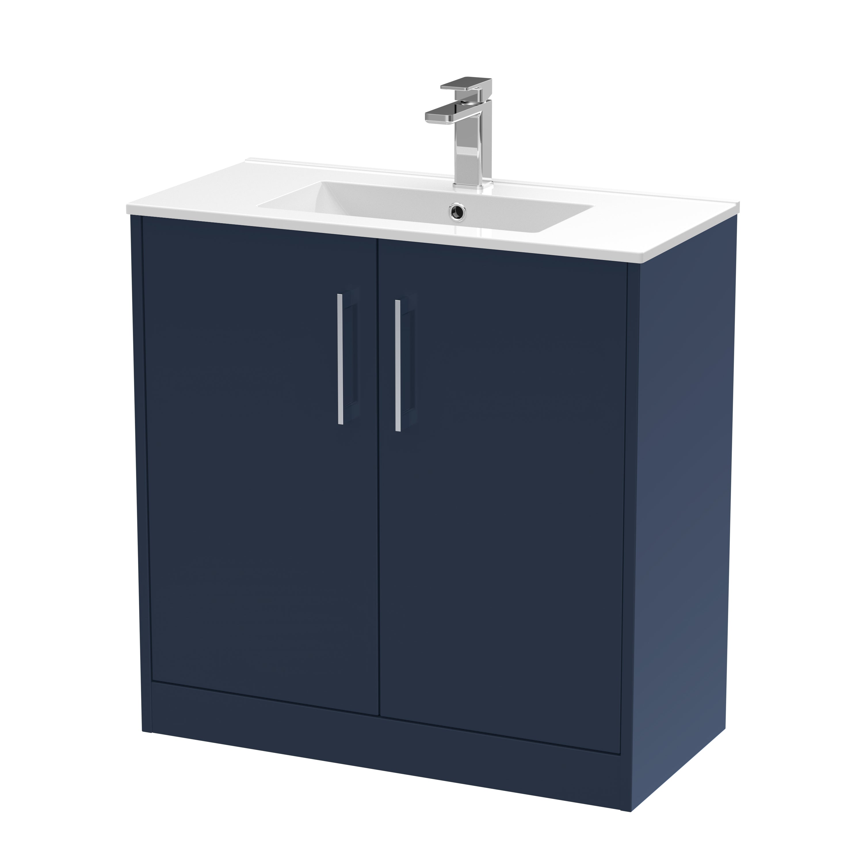 Modern navy blue bathroom vanity with white countertop and integrated sink, featuring sleek chrome handles and contemporary design, ideal for stylish bathrooms.