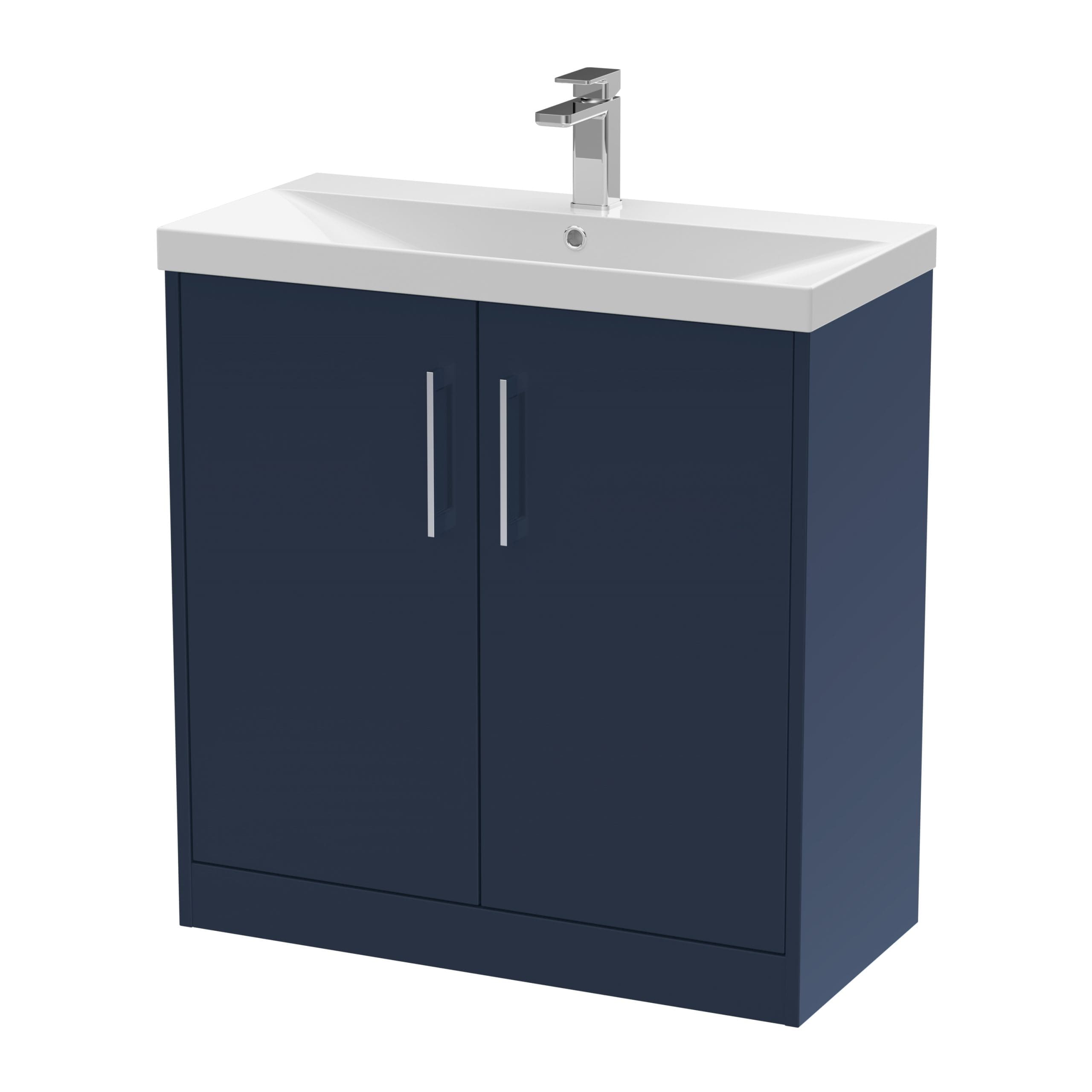 Sleek navy bathroom vanity unit with a modern white ceramic sink and chrome mixer tap, perfect for contemporary bathroom decor and bathroom furniture solutions.