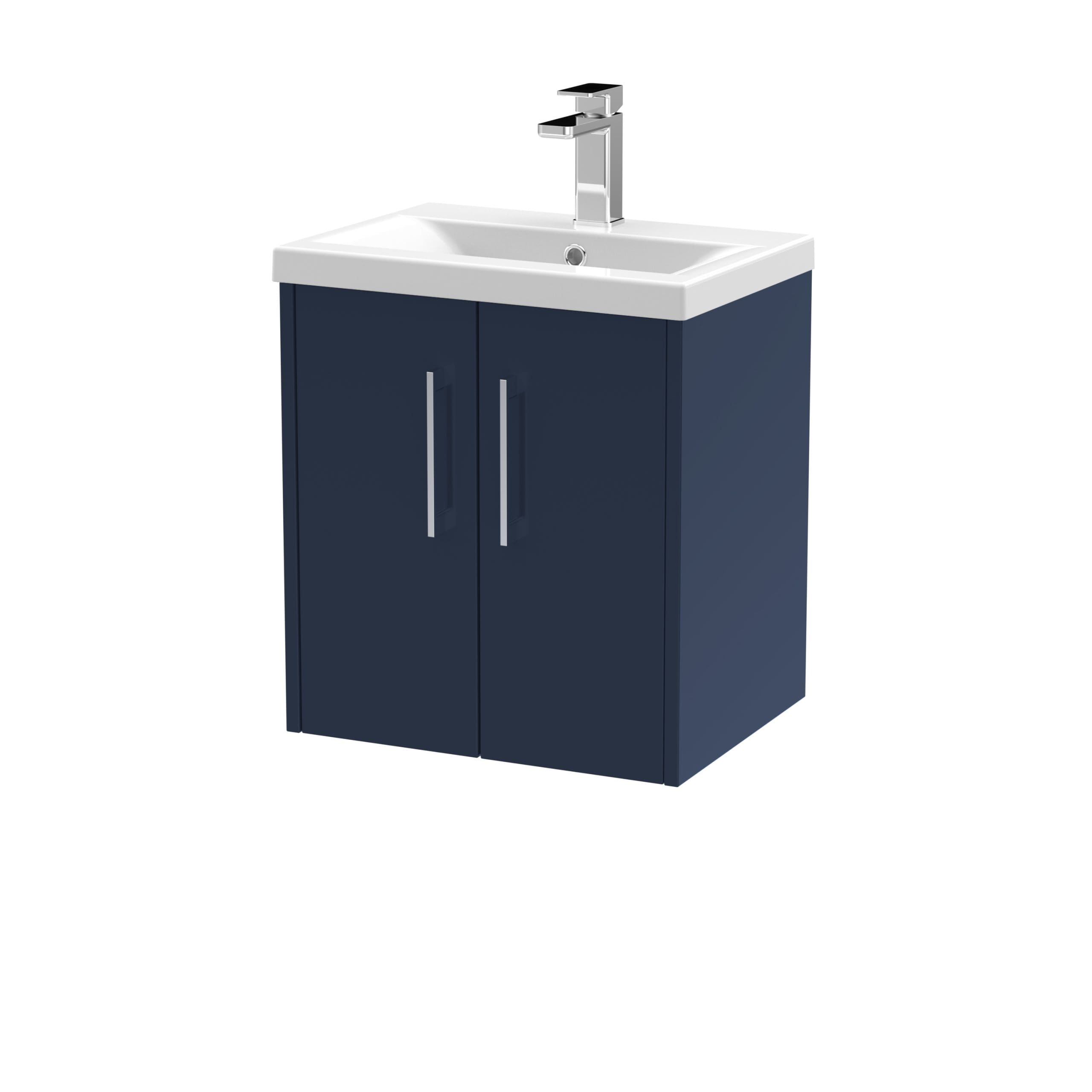 Modern navy bathroom vanity unit with integrated sink and chrome faucet, ideal for stylish bathroom renovation and storage solutions.