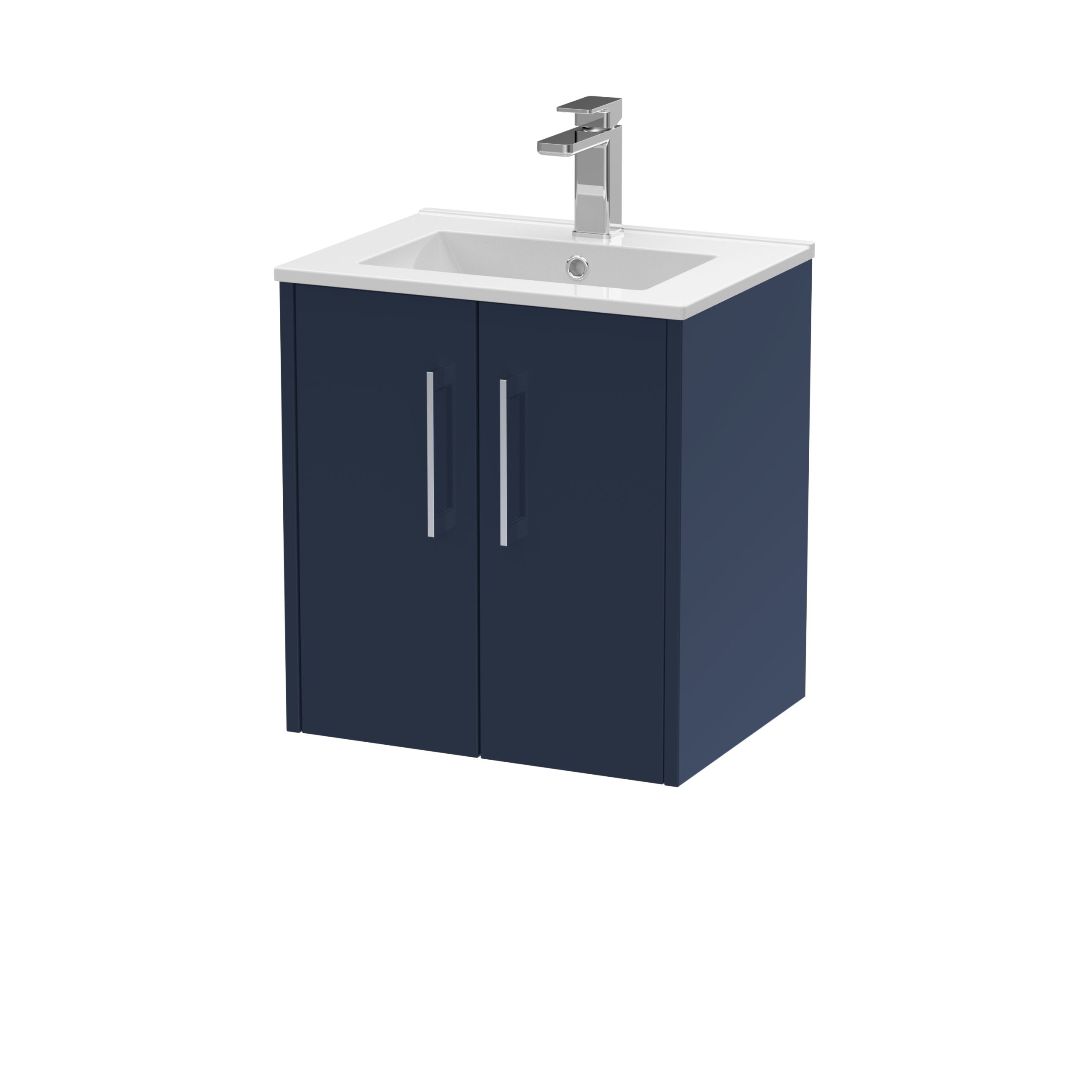 Modern blue bathroom vanity with white sink and chrome tap, ideal for contemporary bathroom decor and storage solutions. Perfect addition to stylish bathroom renovation projects.
