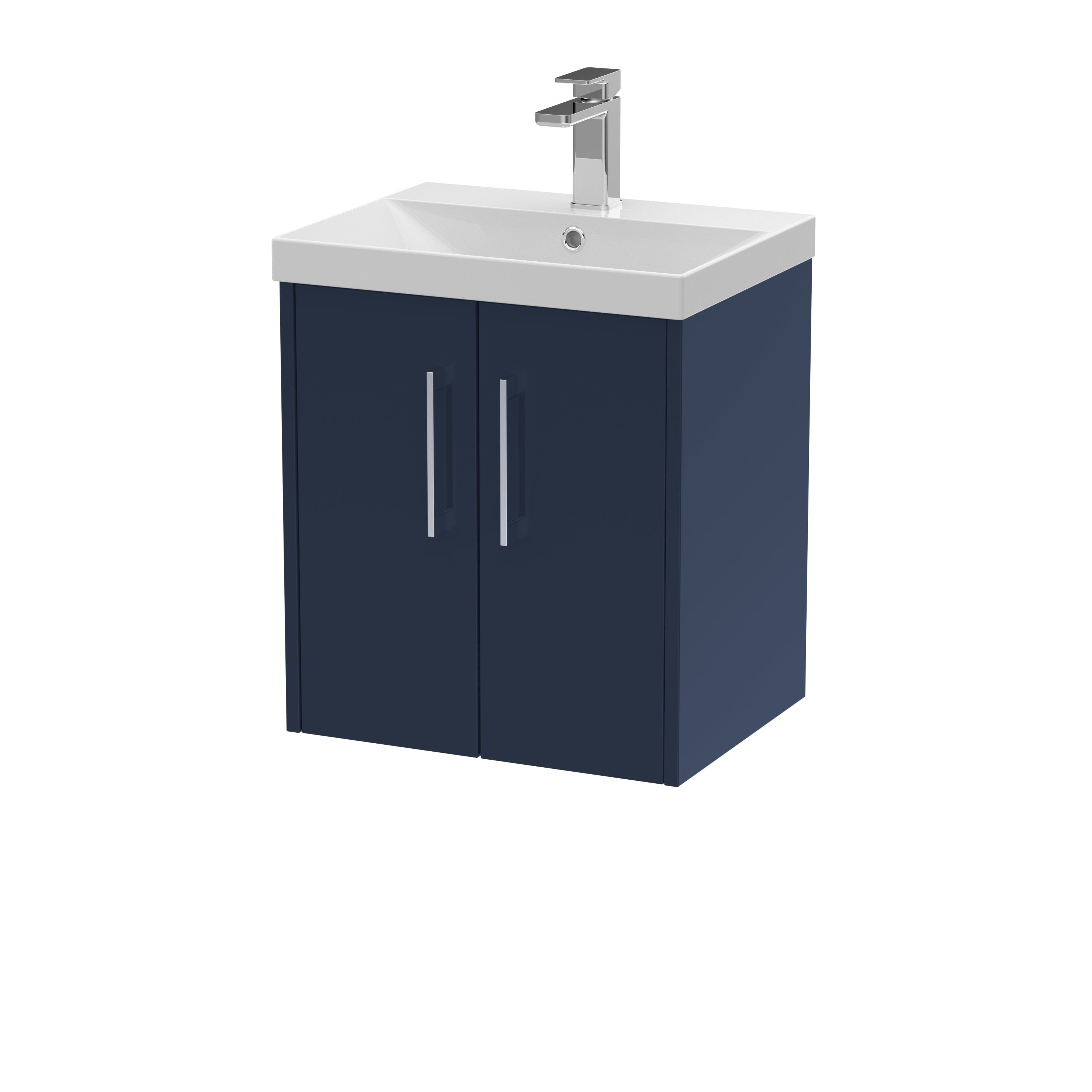Stylish navy bathroom vanity with a white ceramic sink and modern chrome faucet, perfect for contemporary bathroom design and bathroom storage solutions.