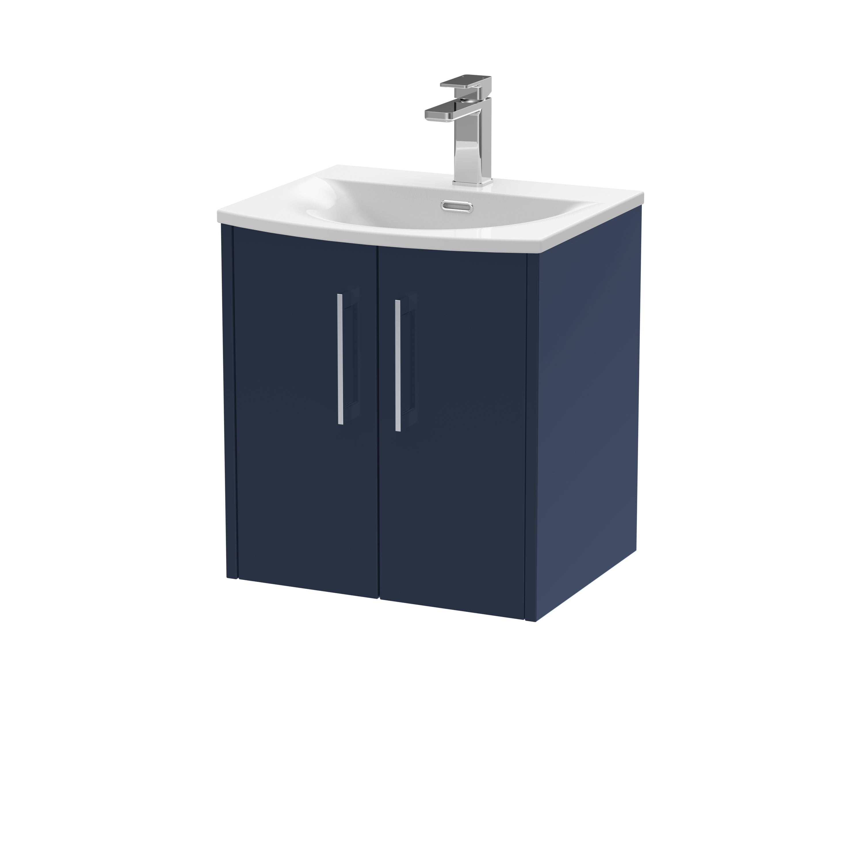 Modern navy blue bathroom vanity with white ceramic sink and sleek chrome faucet, ideal for contemporary bathrooms or washrooms, offering stylish storage and functionality.