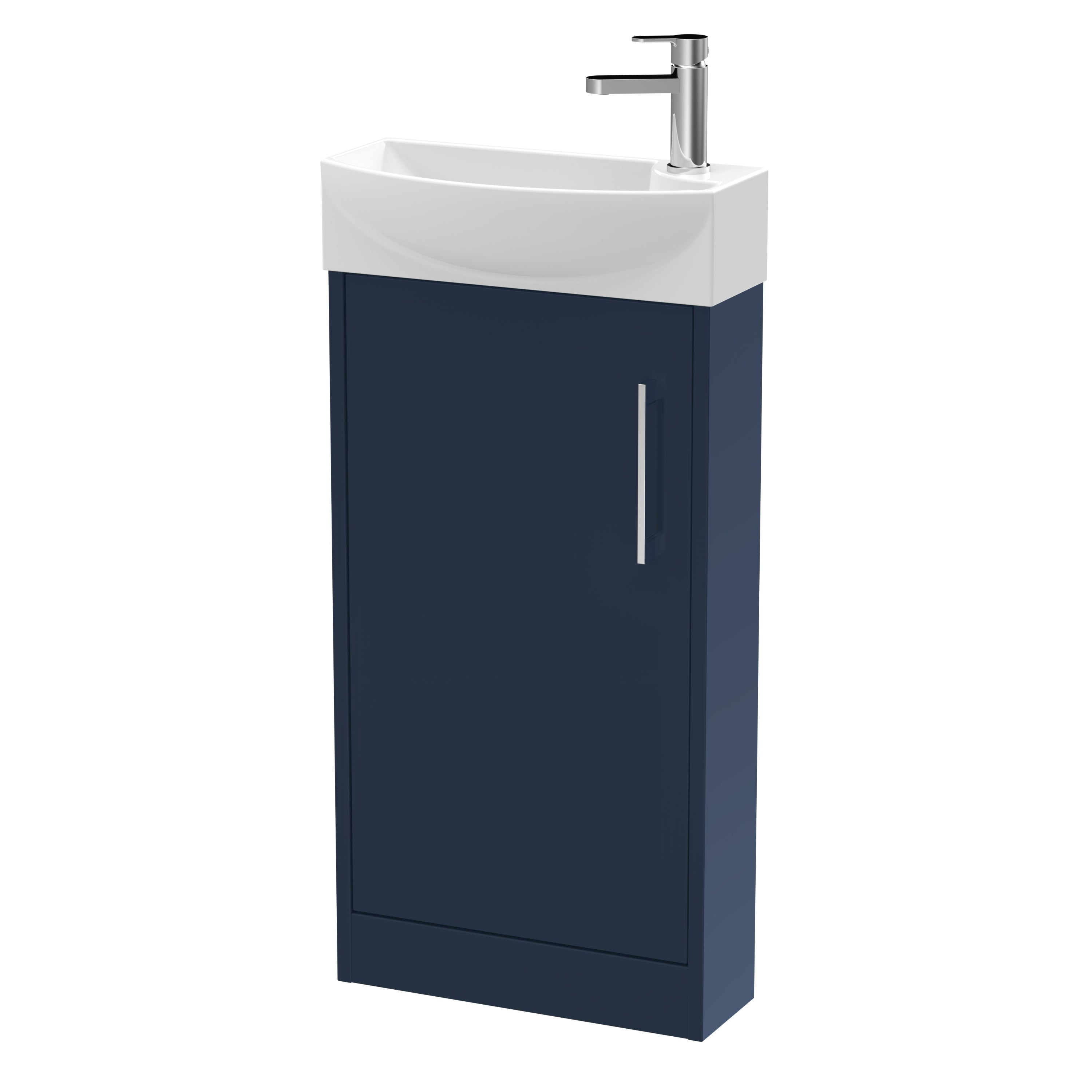 Modern bathroom sink cabinet with white ceramic basin and navy blue storage cabinet, featuring sleek silver handle and contemporary faucet, ideal for stylish bathroom upgrades.