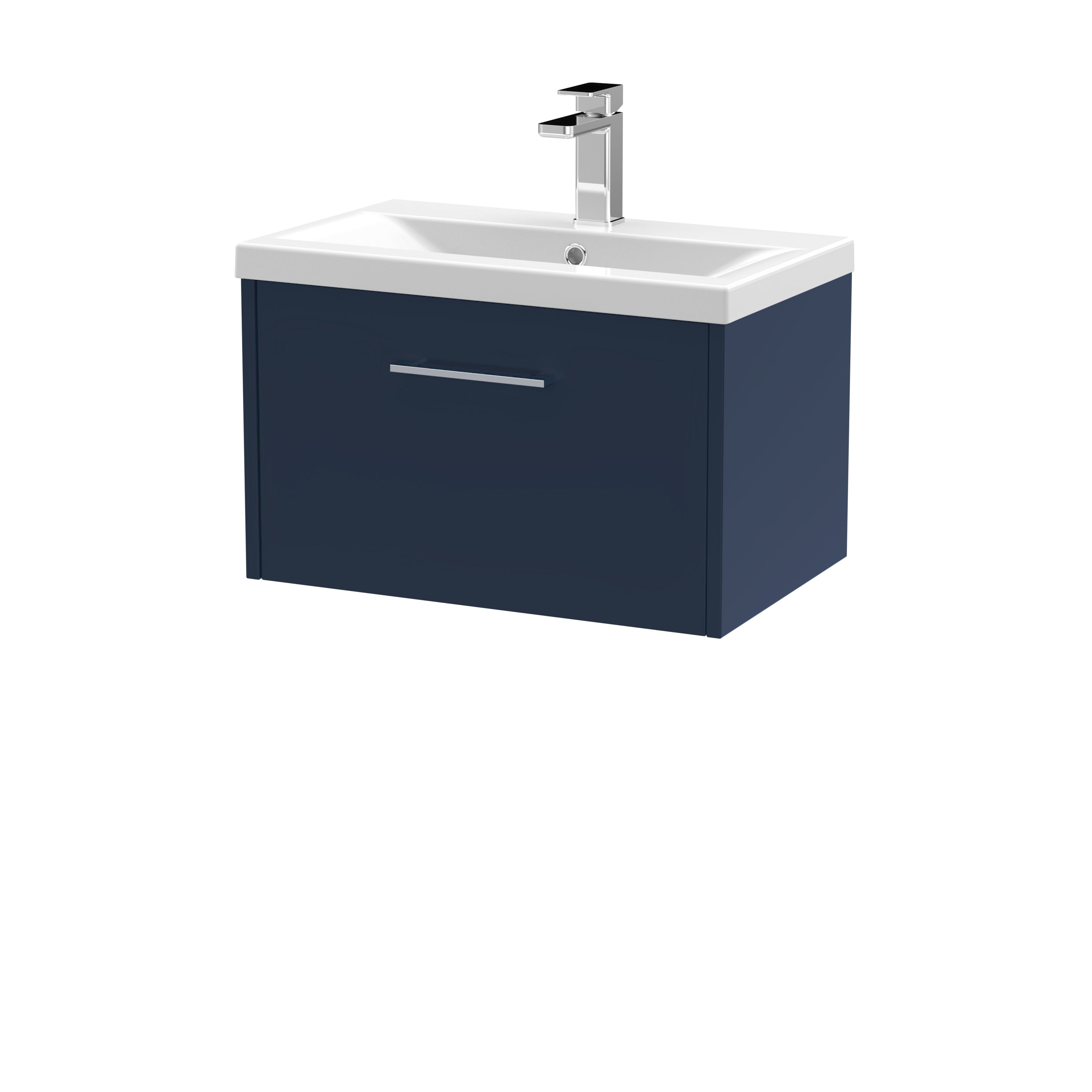 Contemporary bathroom vanity unit with integrated sink and sleek chrome tap, ideal for modern bathrooms and small spaces.