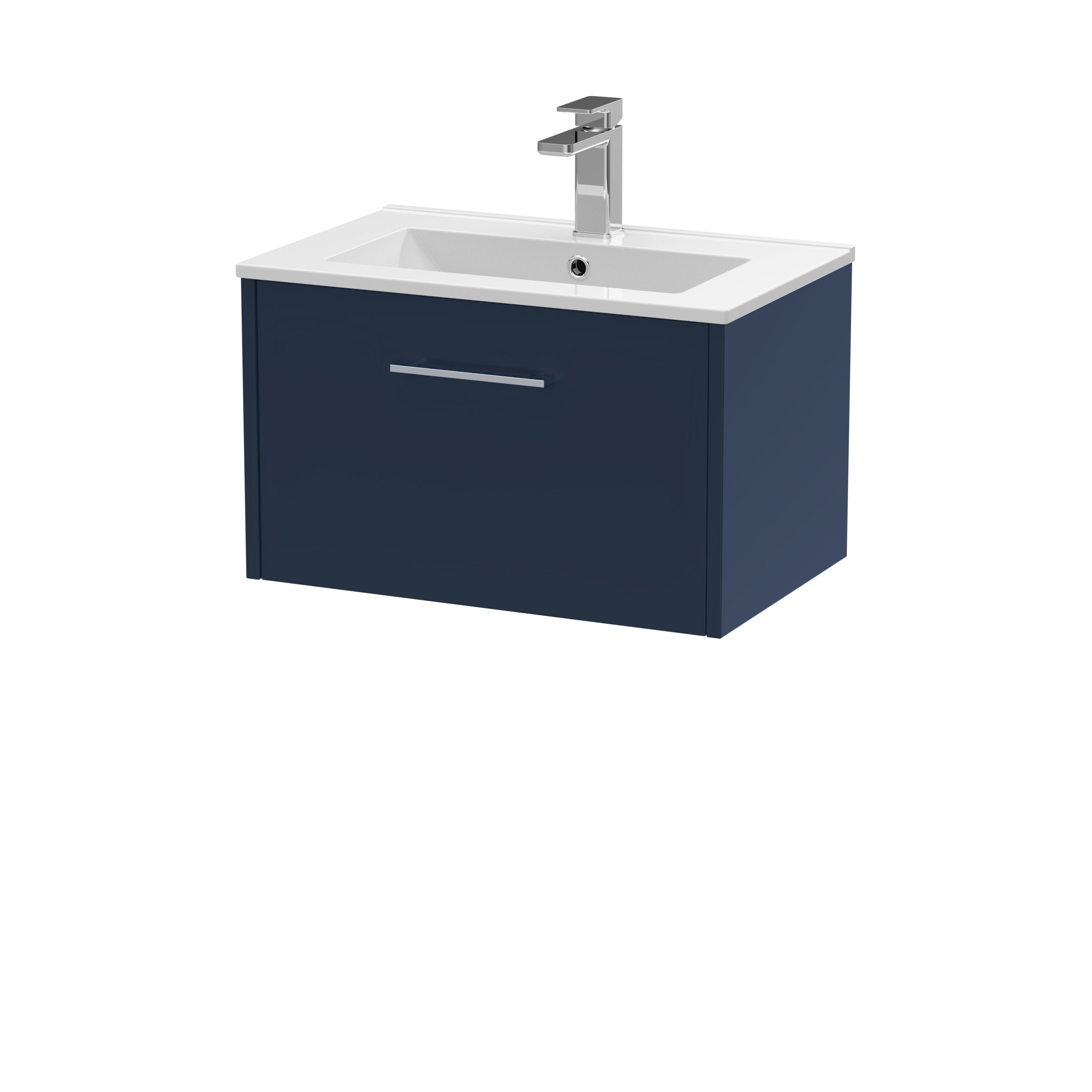 Modern navy blue bathroom vanity with integrated sink and chrome faucet, ideal for contemporary sleek bathroom designs. Perfect for stylish and functional bathroom storage solutions.