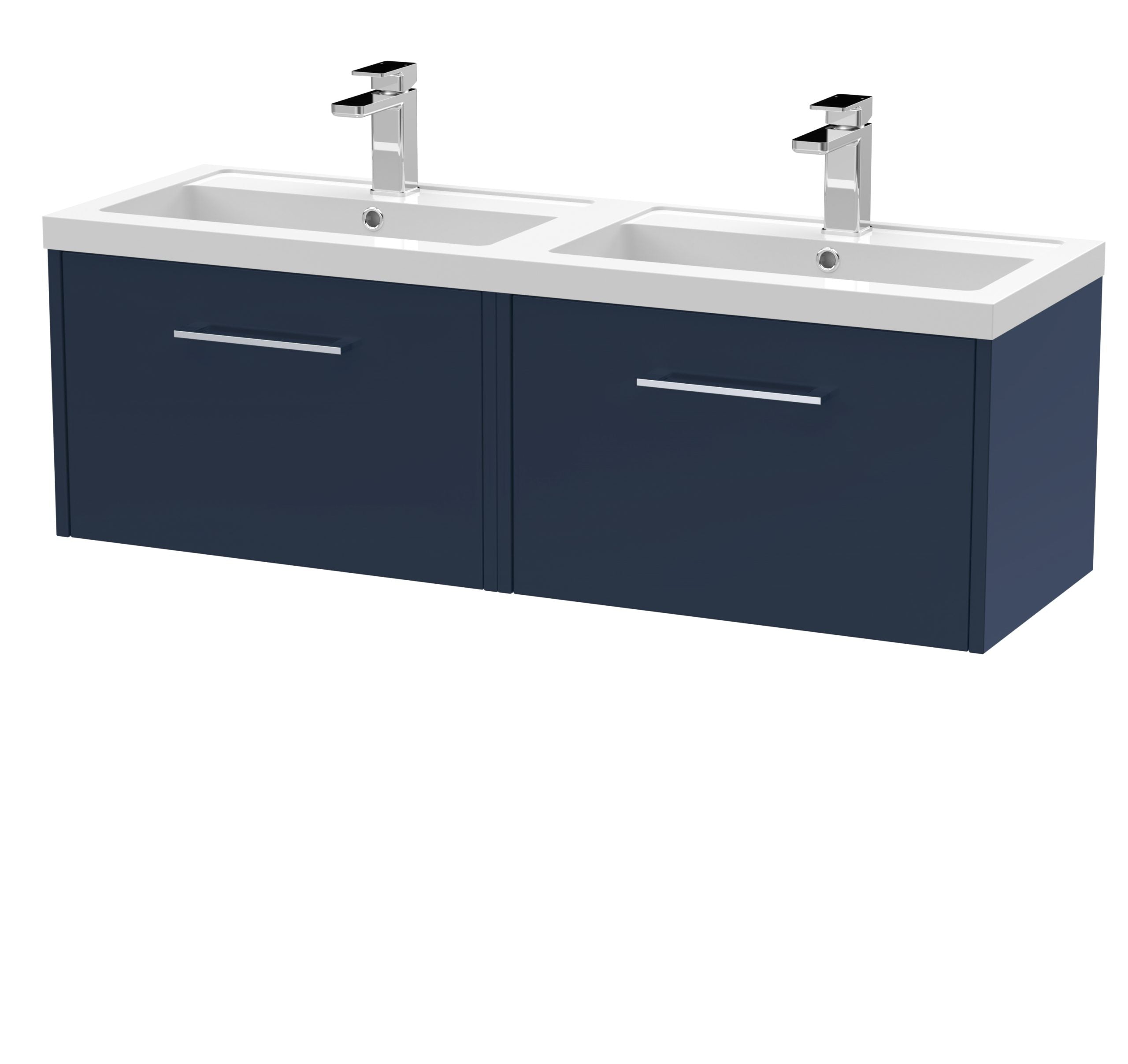 Modern double bathroom vanity unit with two white ceramic sinks and two chrome single-lever mixers, navy blue cabinetry with sleek silver handles - ideal for stylish bathroom design.