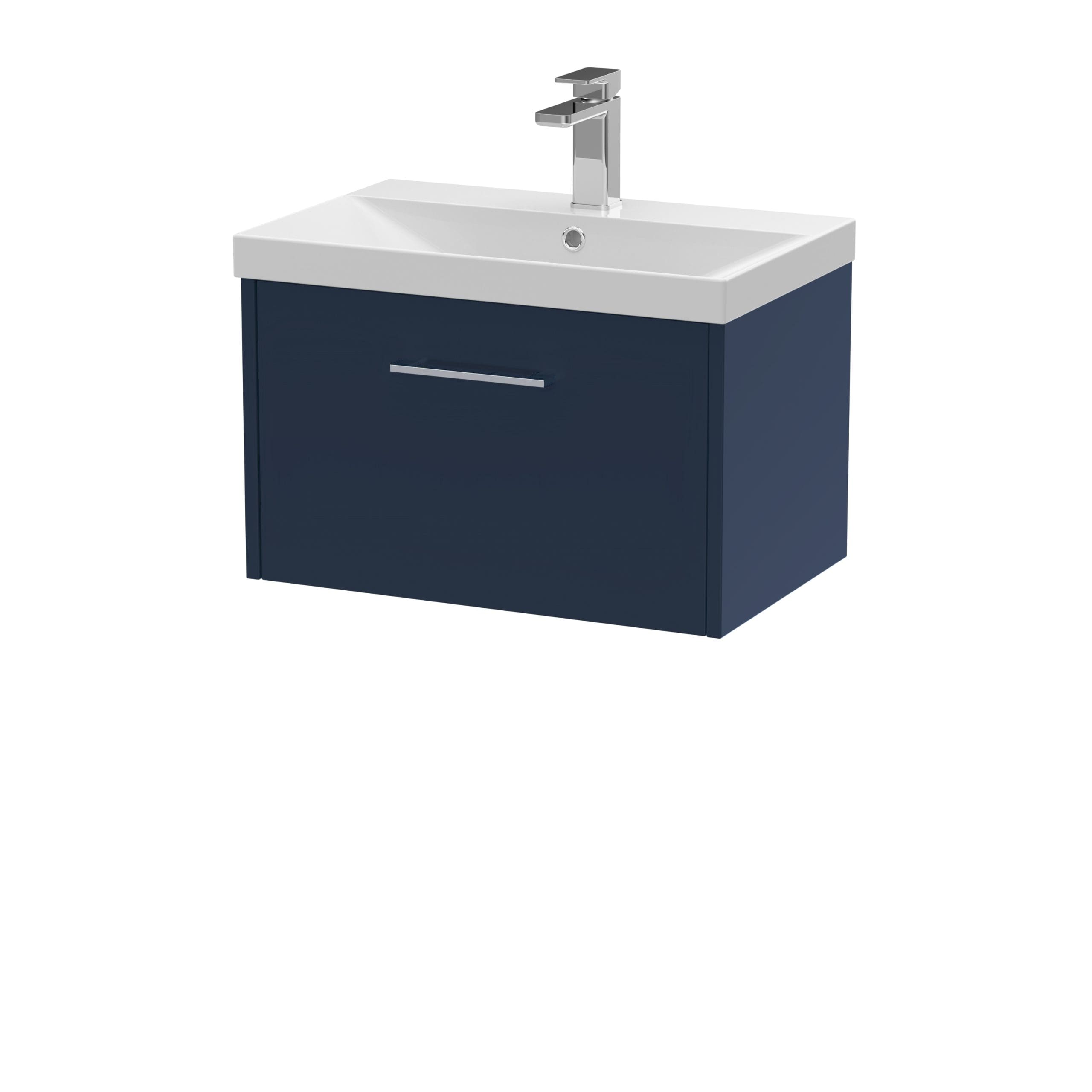 Modern bathroom vanity with integrated sink and sleek navy blue cabinet, perfect for contemporary bathroom designs and storage solutions.