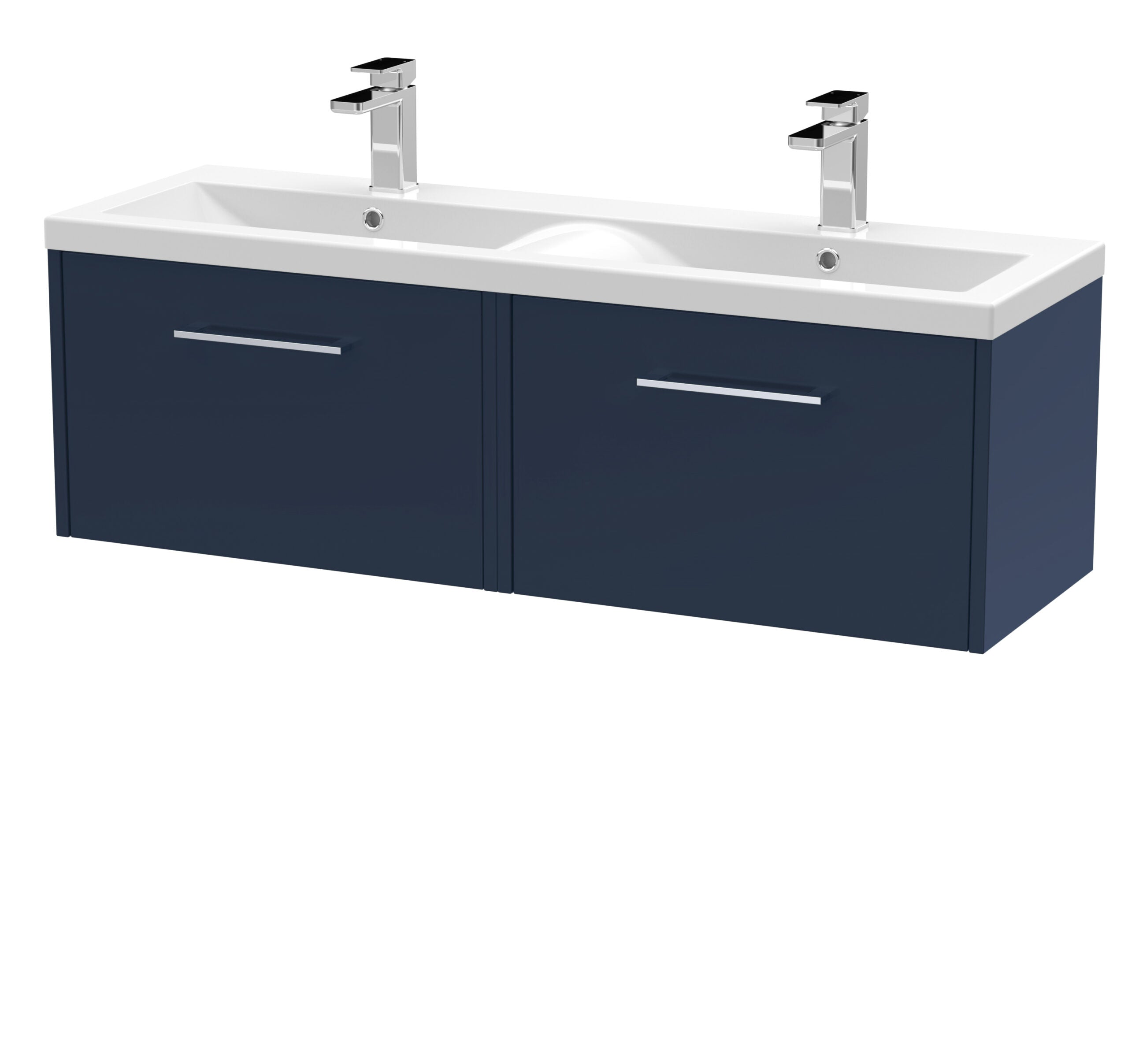 Modern double bathroom vanity unit with white ceramic sink basins and sleek chrome taps, perfect for contemporary bathroom renovation.