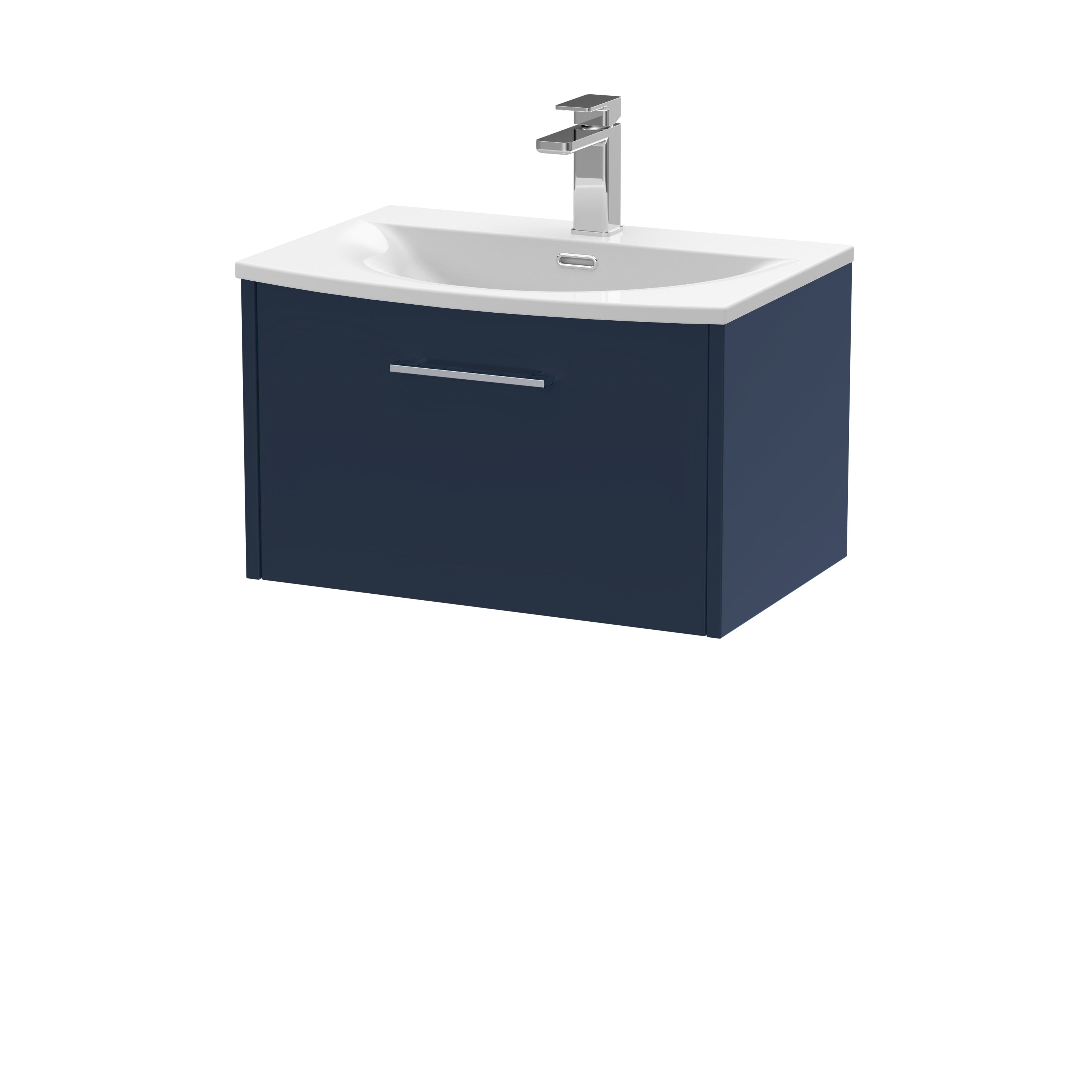 Modern navy bathroom vanity with white ceramic sink and chrome faucet, ideal for contemporary bathroom décor.