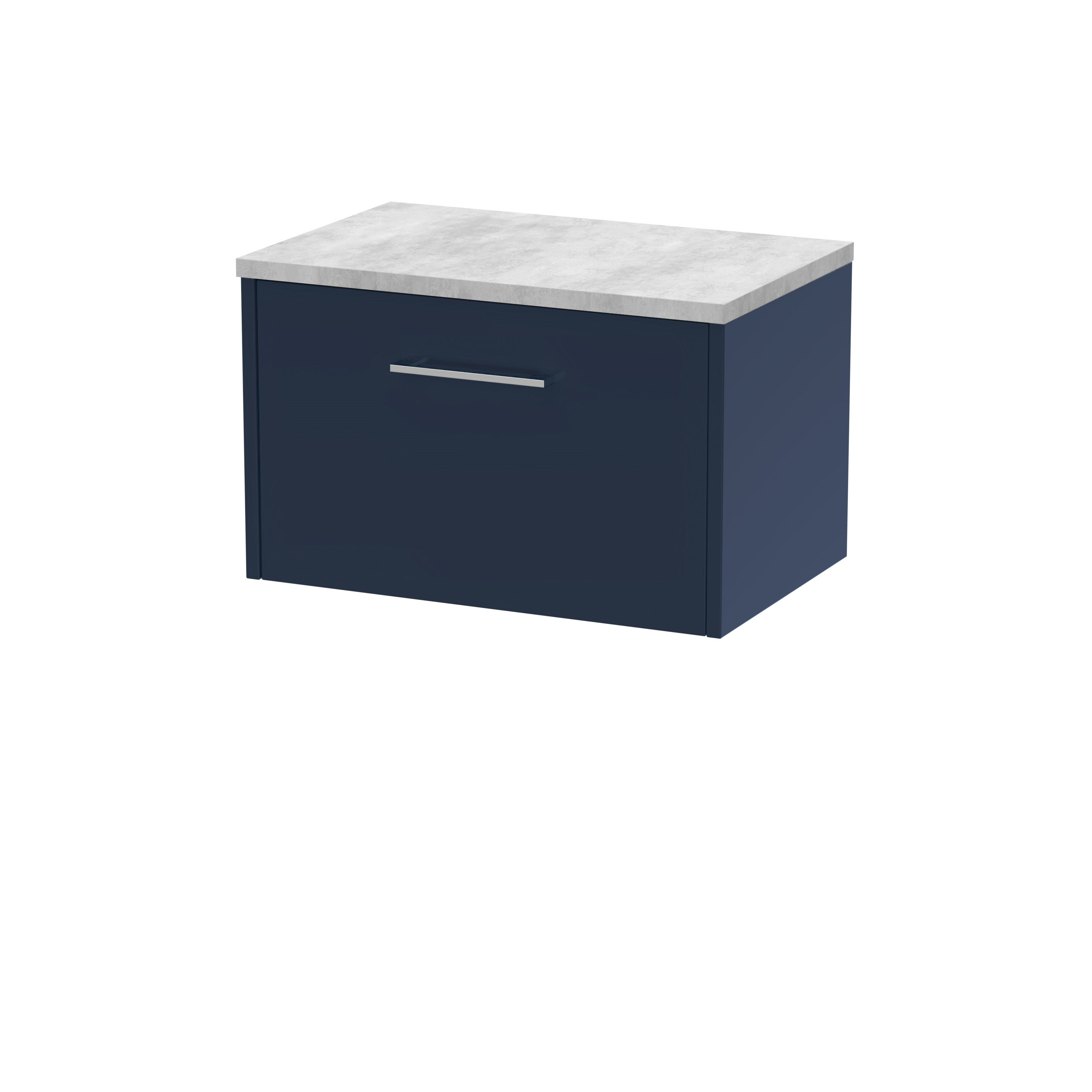 Modern navy bathroom vanity with grey marble countertop, sleek handle, and practical storage cabinet for contemporary bathroom design.