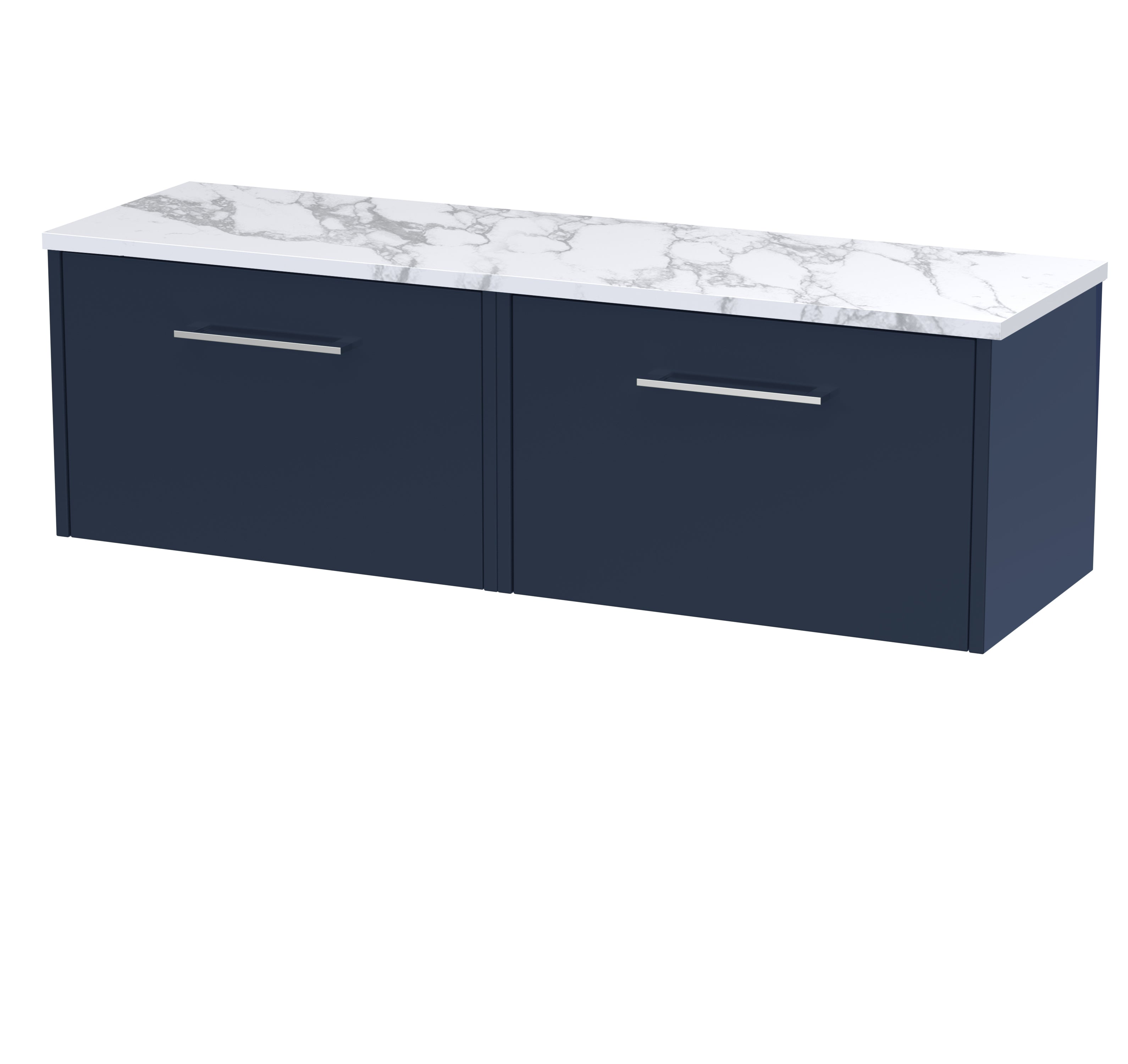 Sleek navy blue bathroom vanity unit with a white marble effect countertop for modern bathroom aesthetics.