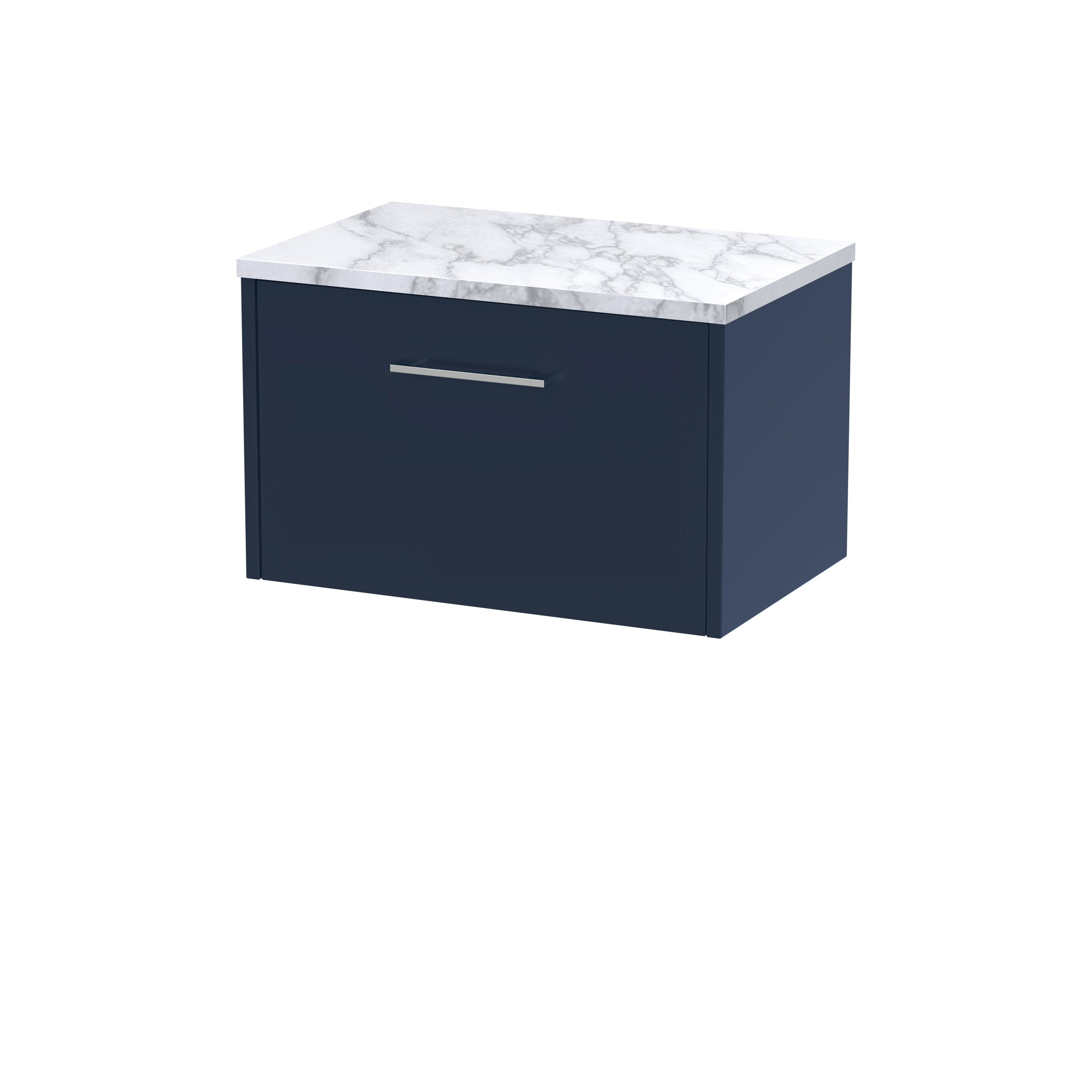 Contemporary navy blue bathroom vanity unit with a marble-effect countertop and sleek silver handle.