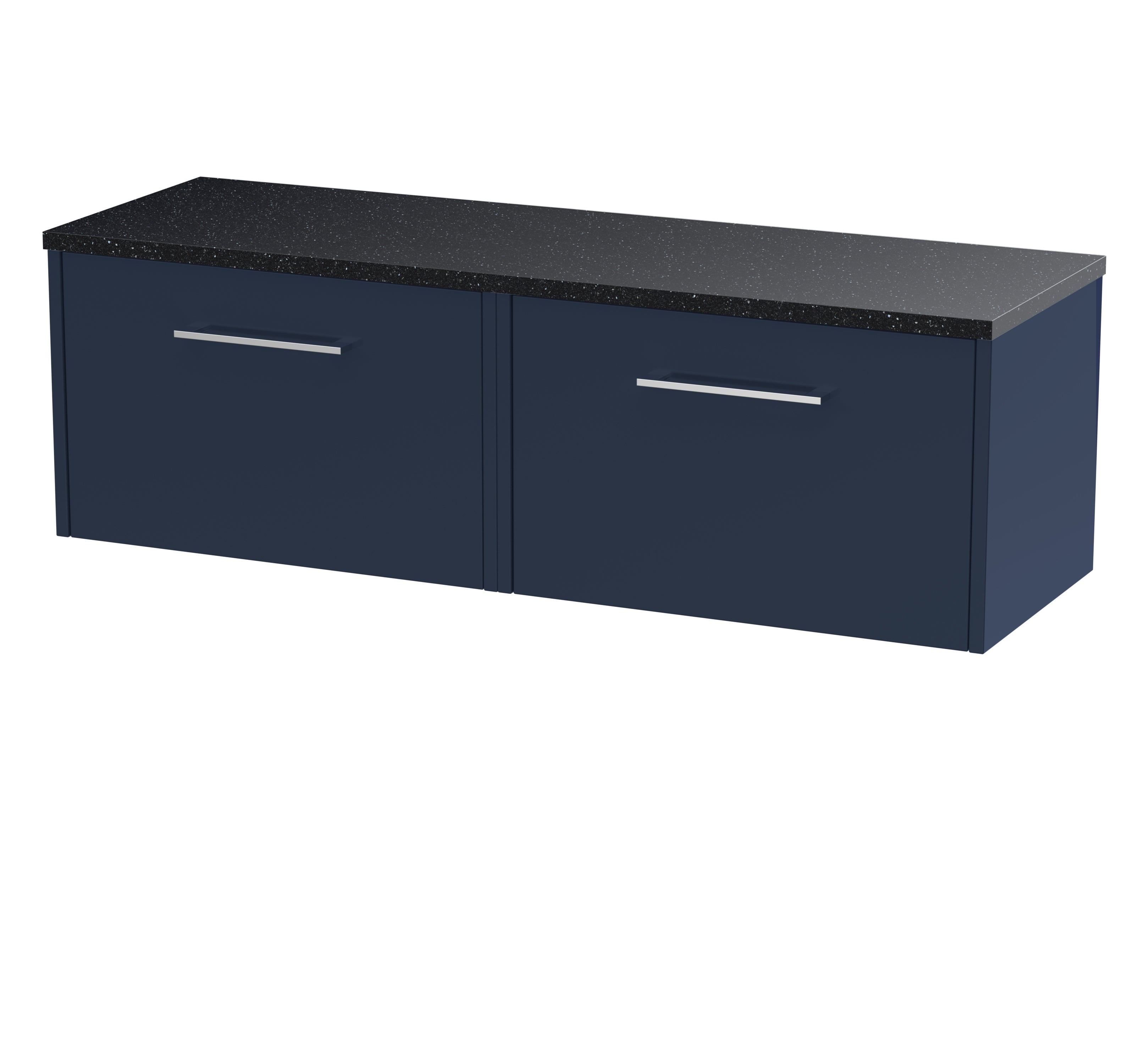 Stylish navy blue bathroom cabinet with a black speckled countertop, modern silver handles, perfect for bathroom storage and decor.