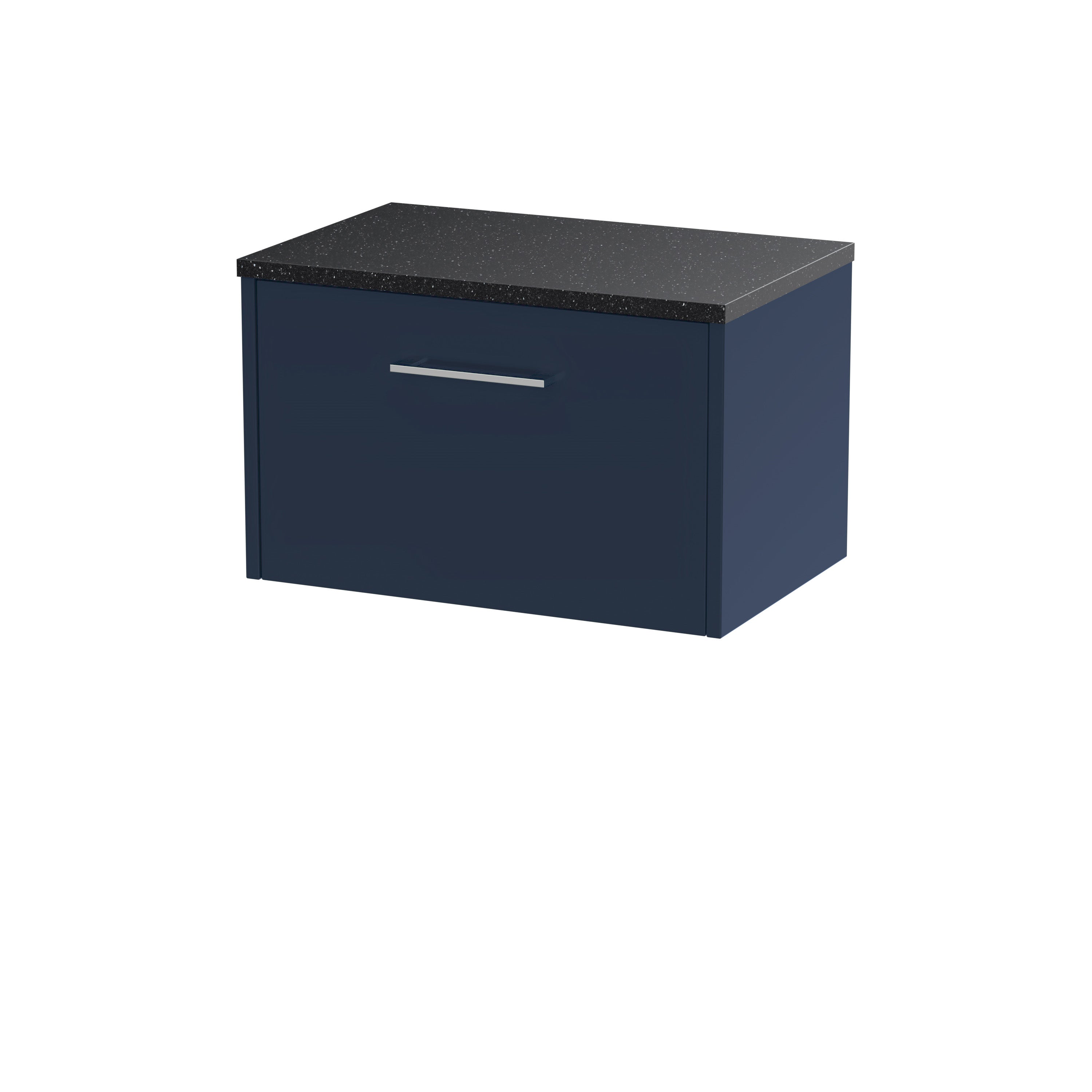 Stylish navy bathroom storage cabinet with a black speckled granite top, modern handle design, ideal for contemporary bathroom organisation and space-saving needs.